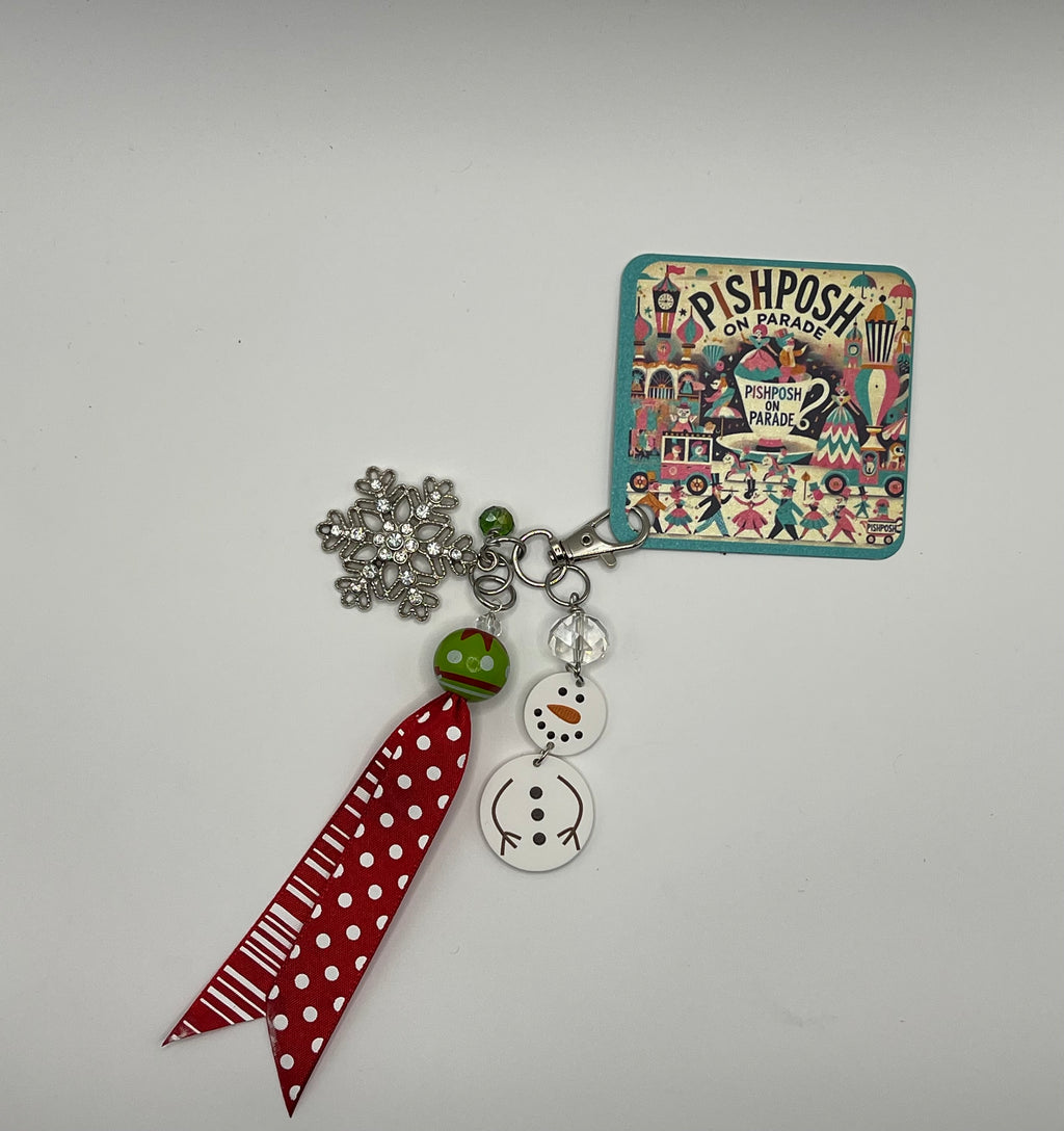 Snowman with Snowflake with Red Ribbon - Charm / Bag Zipper Pull
