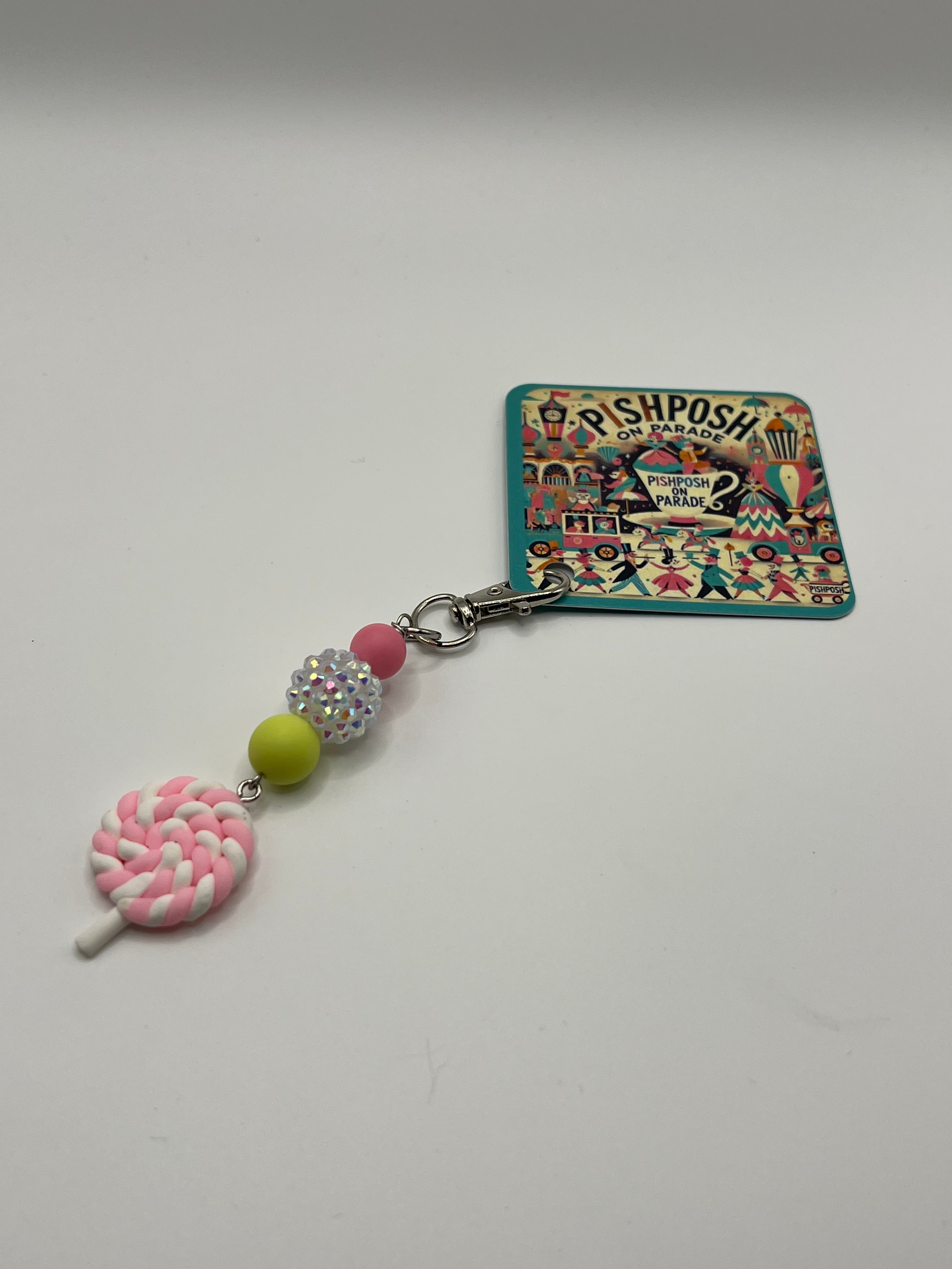 Pink & White Lollipop with White Sparkle Bead - Charm / Bag Zipper Pull