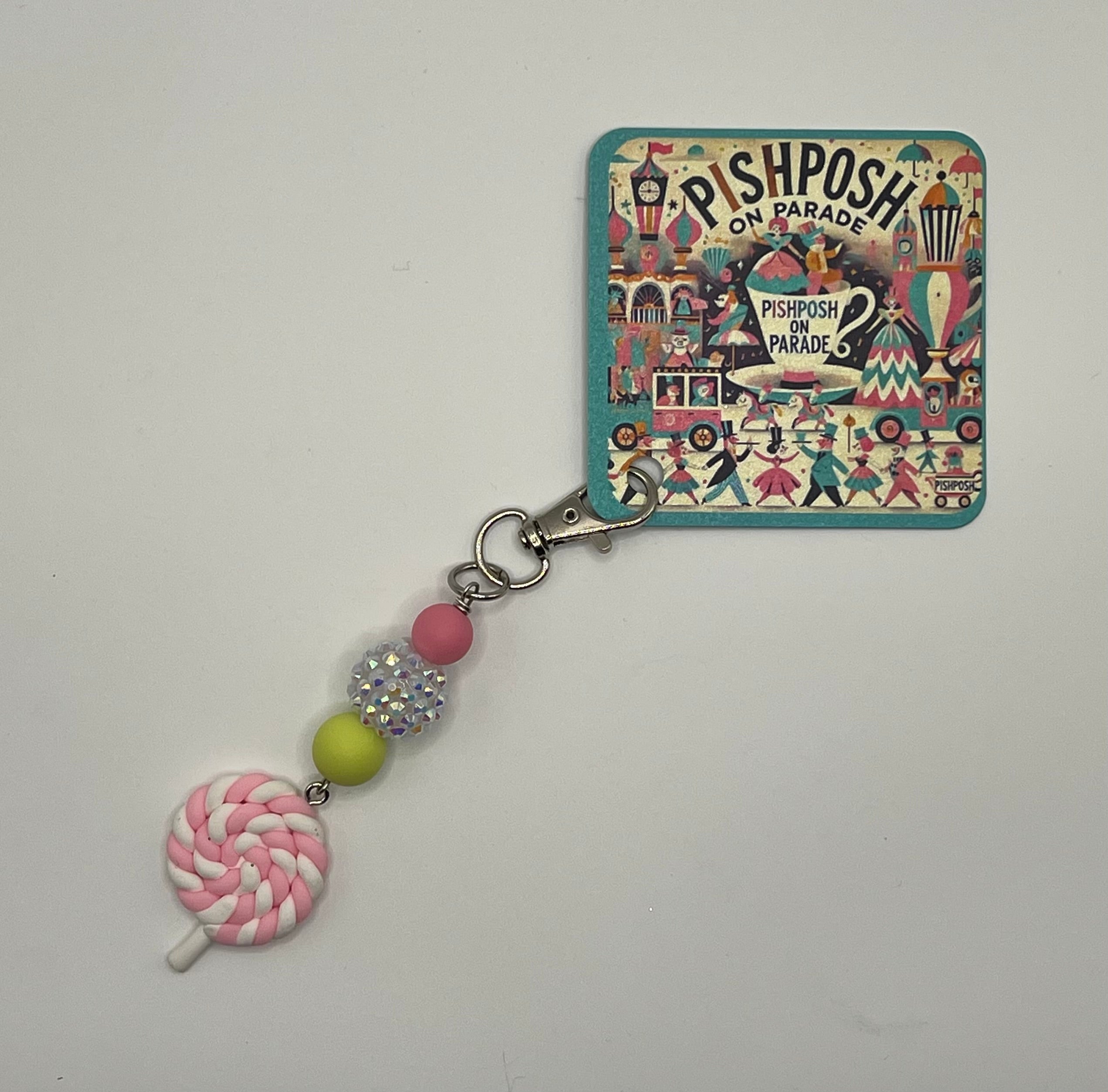Pink & White Lollipop with White Sparkle Bead - Charm / Bag Zipper Pull
