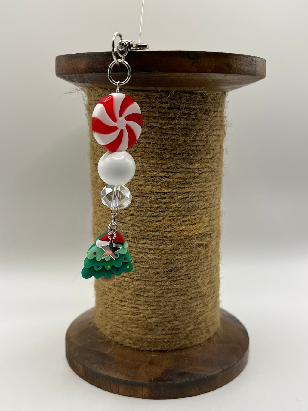 Cute Whimsical Christmas Tree with Silver Star Charm and Peppermint Bead - Charm / Bag Zipper Pull