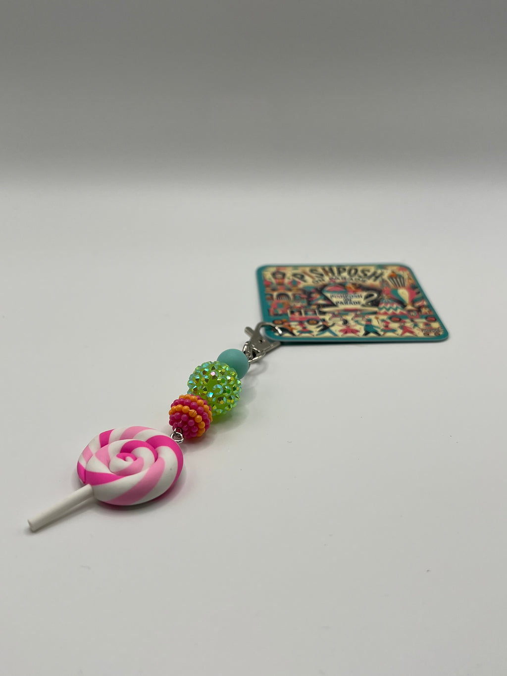 Pink and White Swirl Lollipop with Green bead - Charm / Bag Zipper Pull