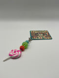 Pink and White Swirl Lollipop with Green bead - Charm / Bag Zipper Pull