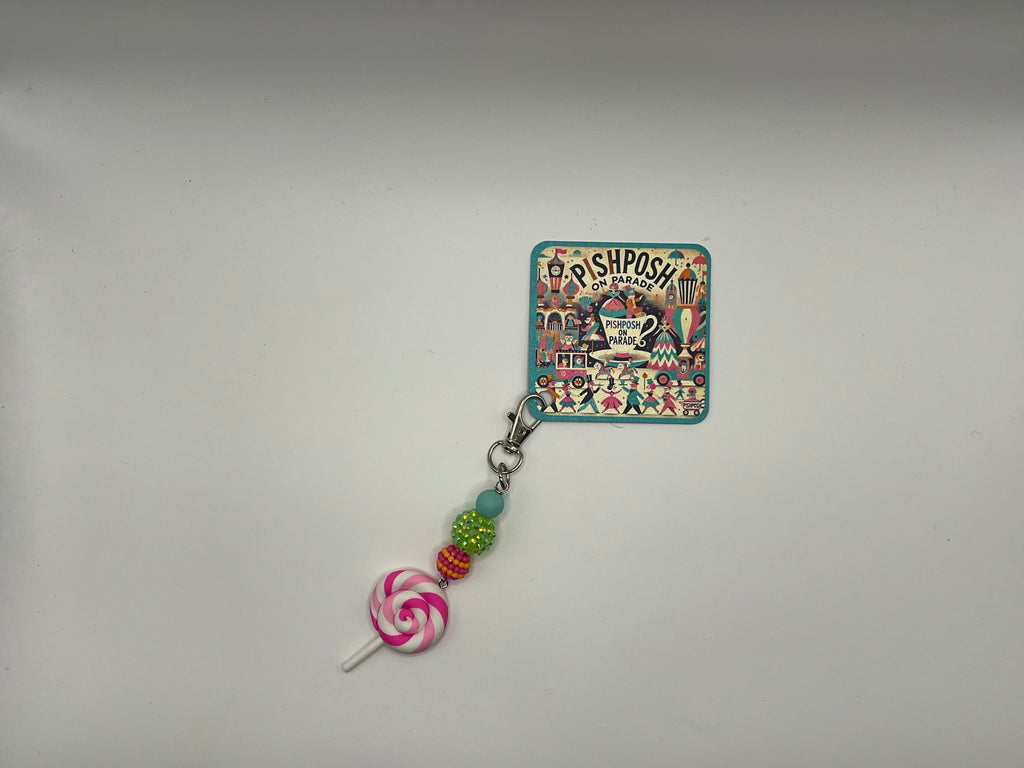 Pink and White Swirl Lollipop with Green bead - Charm / Bag Zipper Pull