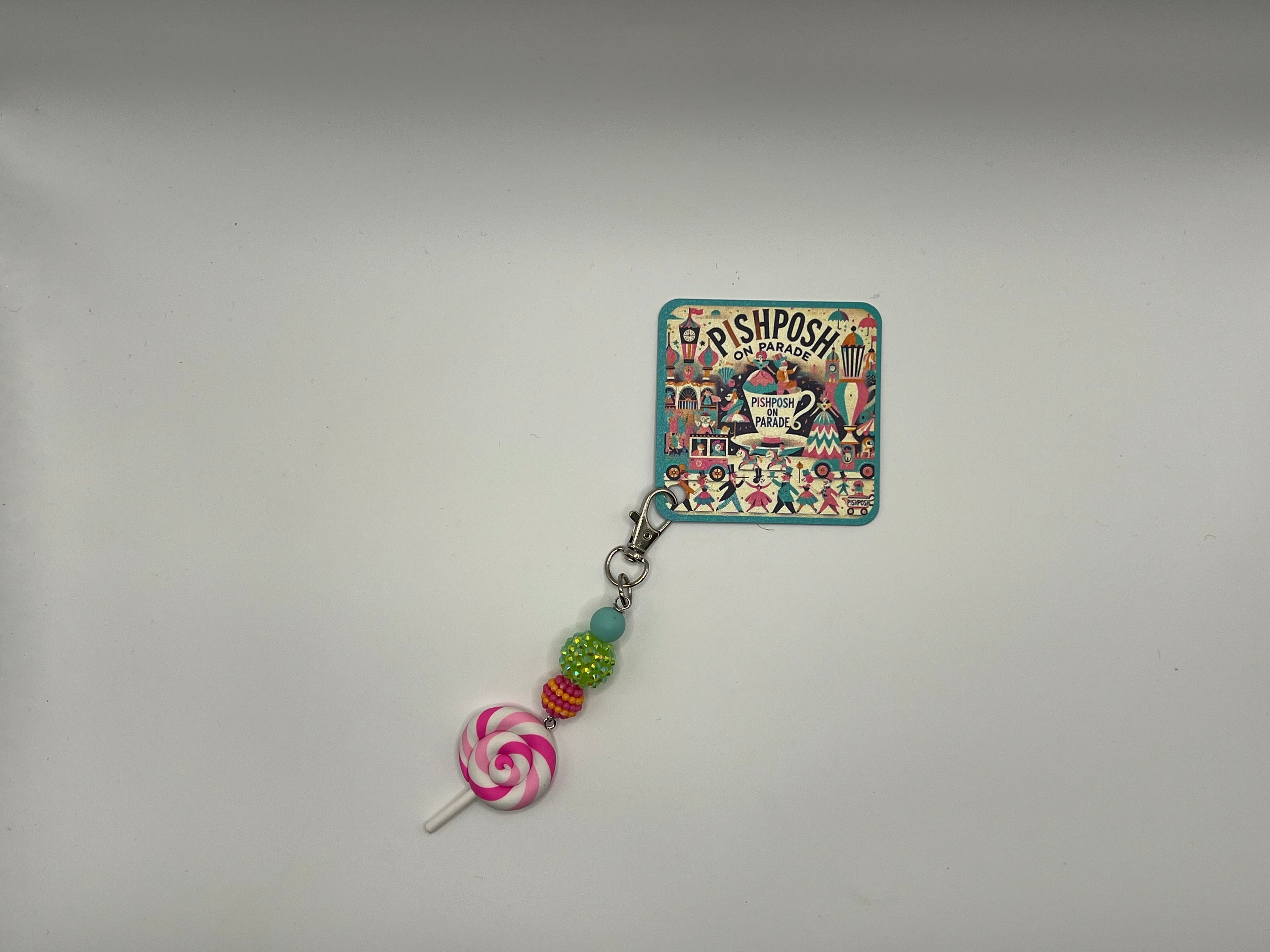 Pink and White Swirl Lollipop with Green bead - Charm / Bag Zipper Pull