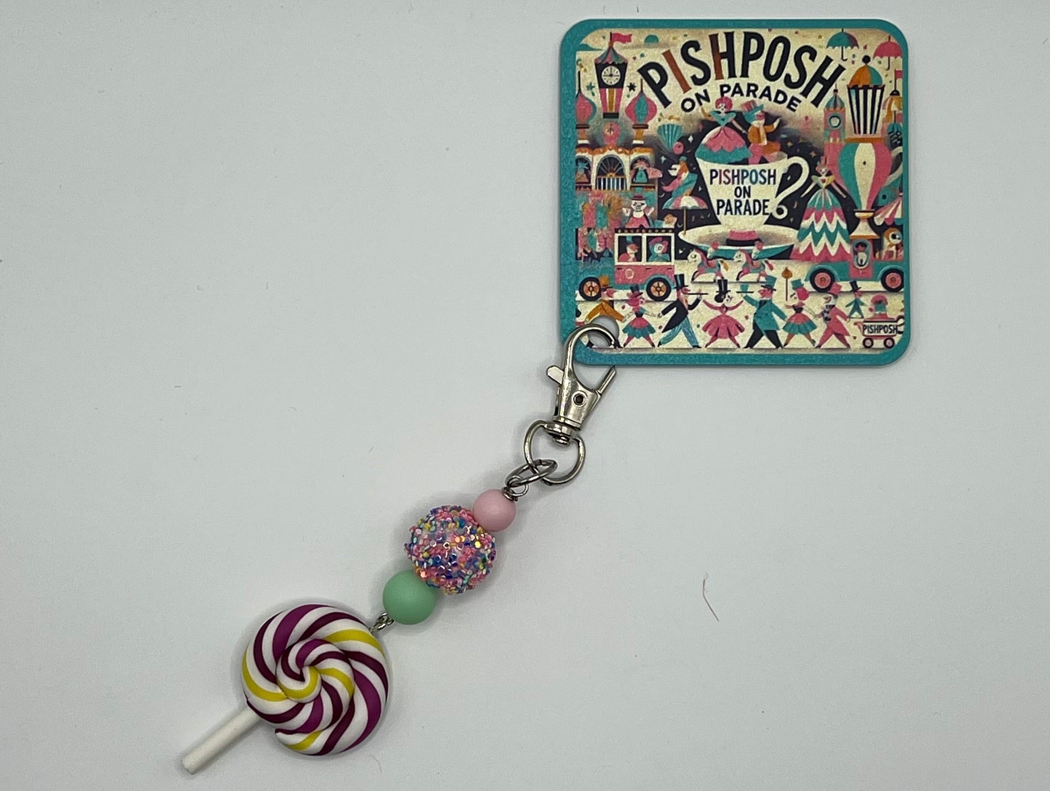 Purple, Yellow and White Swirl Lollipop with glitter bead - Charm / Bag Zipper Pull