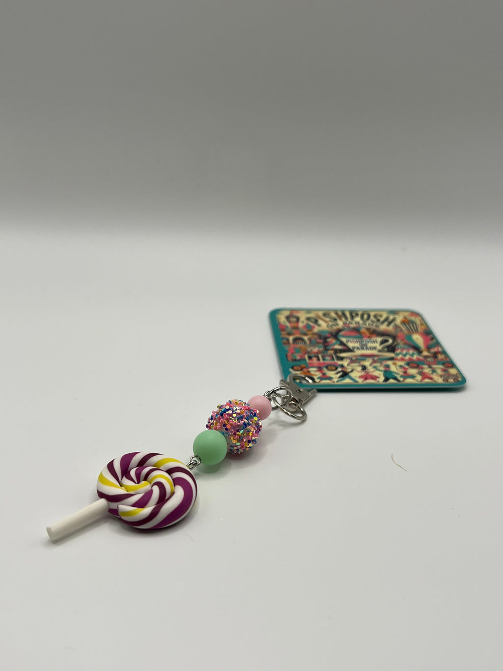 Purple, Yellow and White Swirl Lollipop with glitter bead - Charm / Bag Zipper Pull