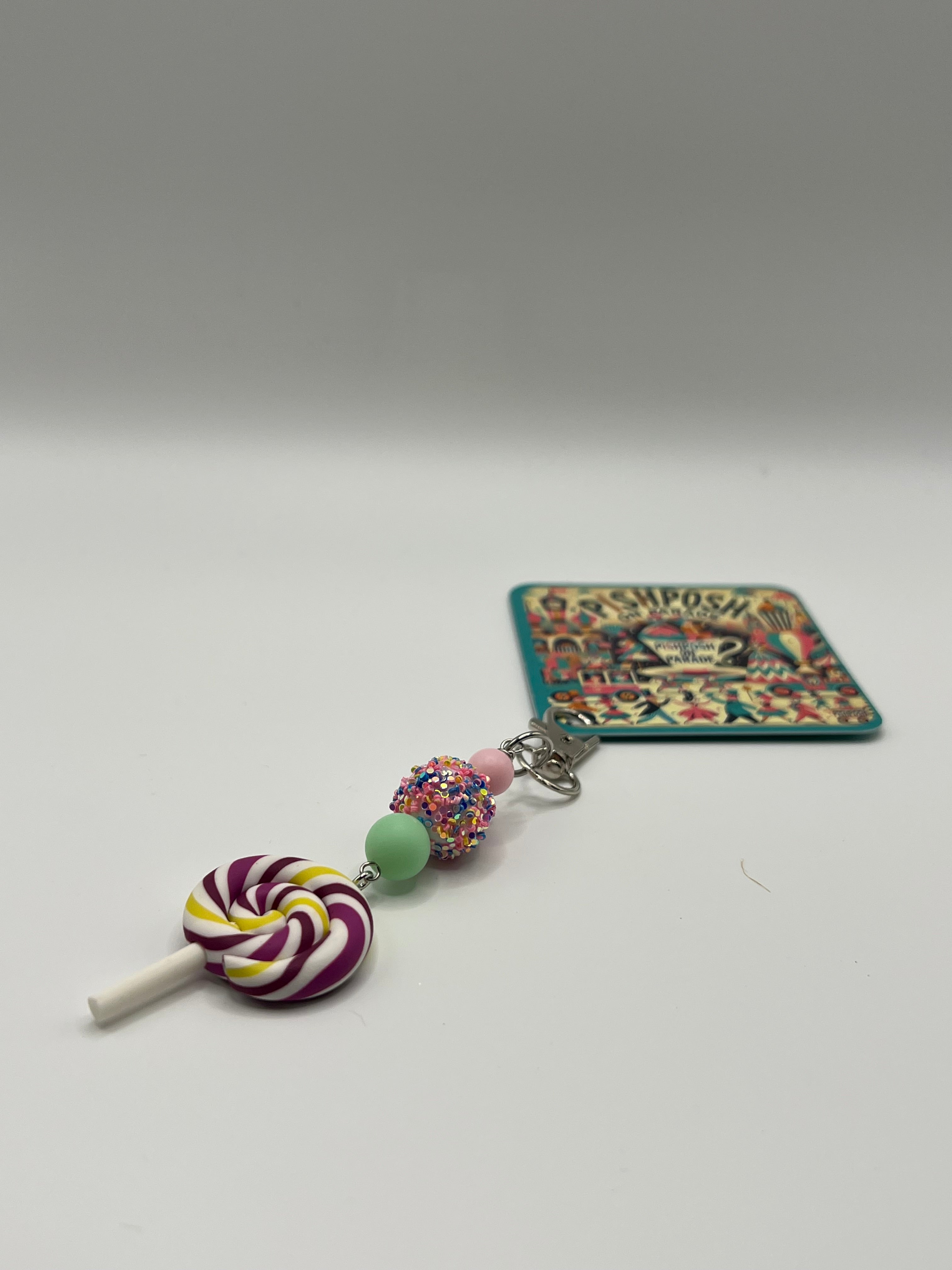 Purple, Yellow and White Swirl Lollipop with glitter bead - Charm / Bag Zipper Pull