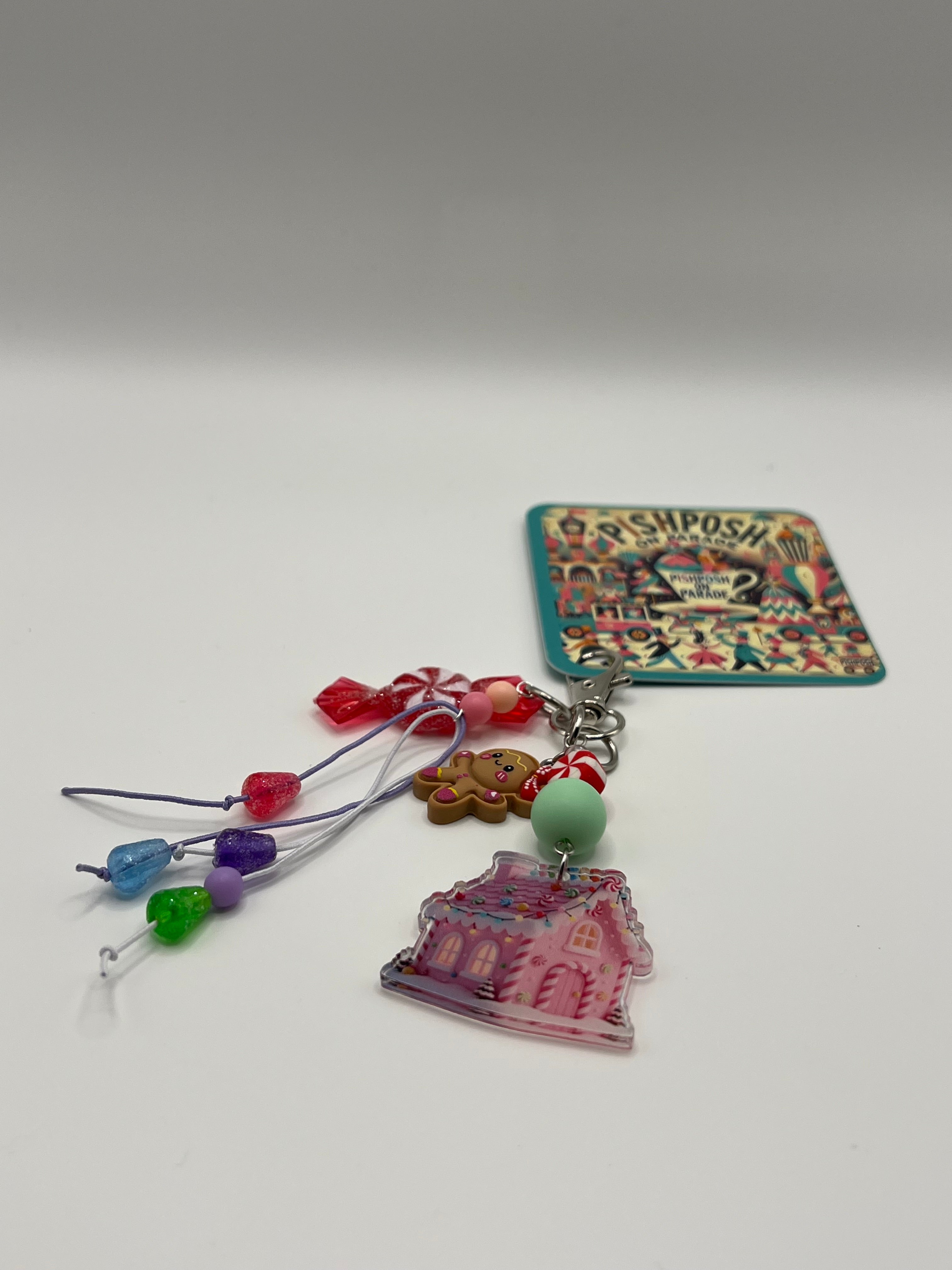 Pink Gingerbread House with Gumdrops, Peppermint and a cute Gingerbread Girl - Charm / Bag Zipper Pull