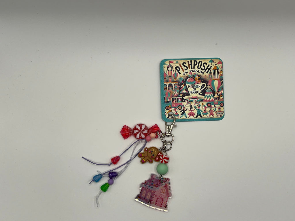 Pink Gingerbread House with Gumdrops, Peppermint and a cute Gingerbread Girl - Charm / Bag Zipper Pull