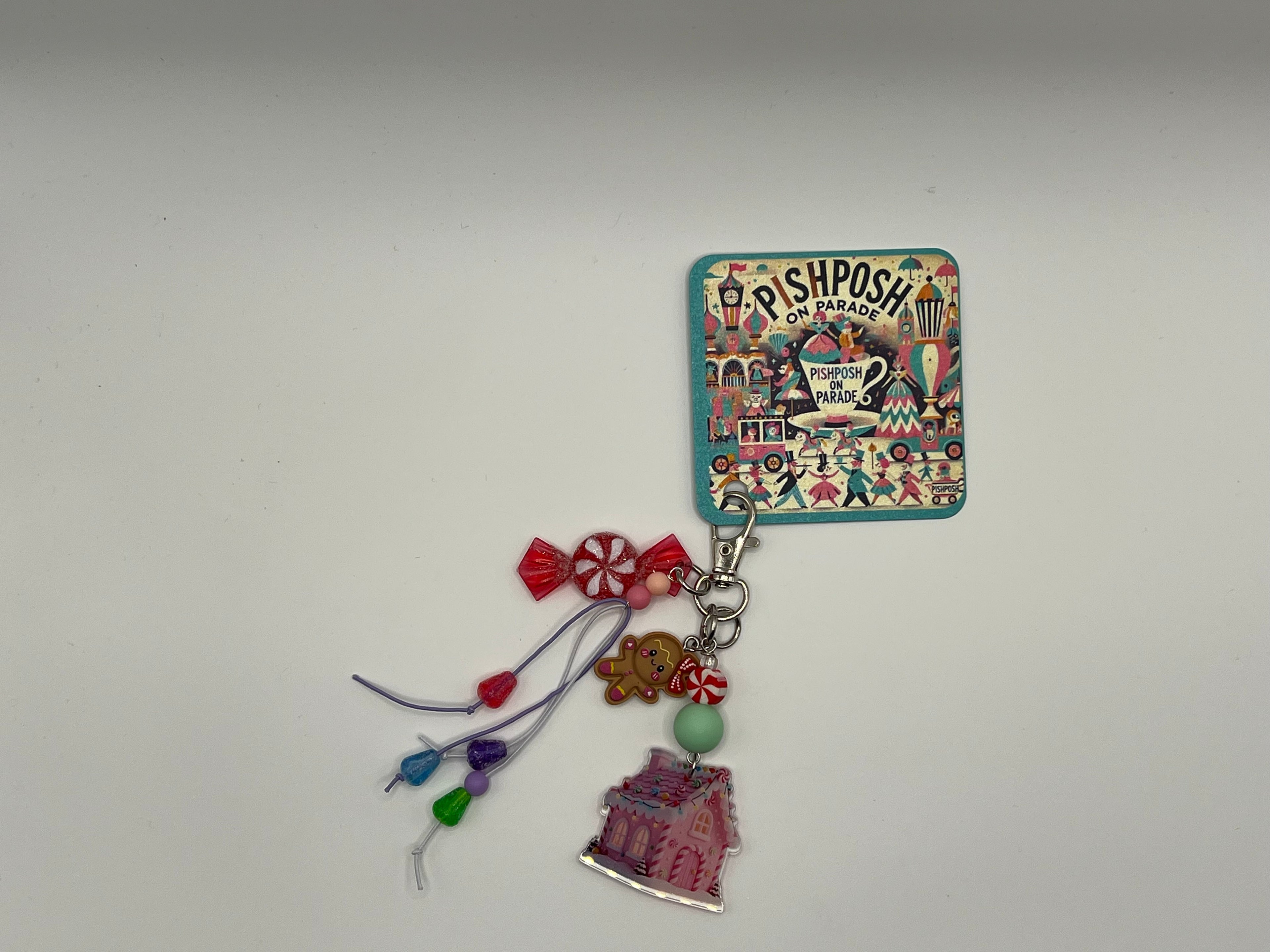 Pink Gingerbread House with Gumdrops, Peppermint and a cute Gingerbread Girl - Charm / Bag Zipper Pull