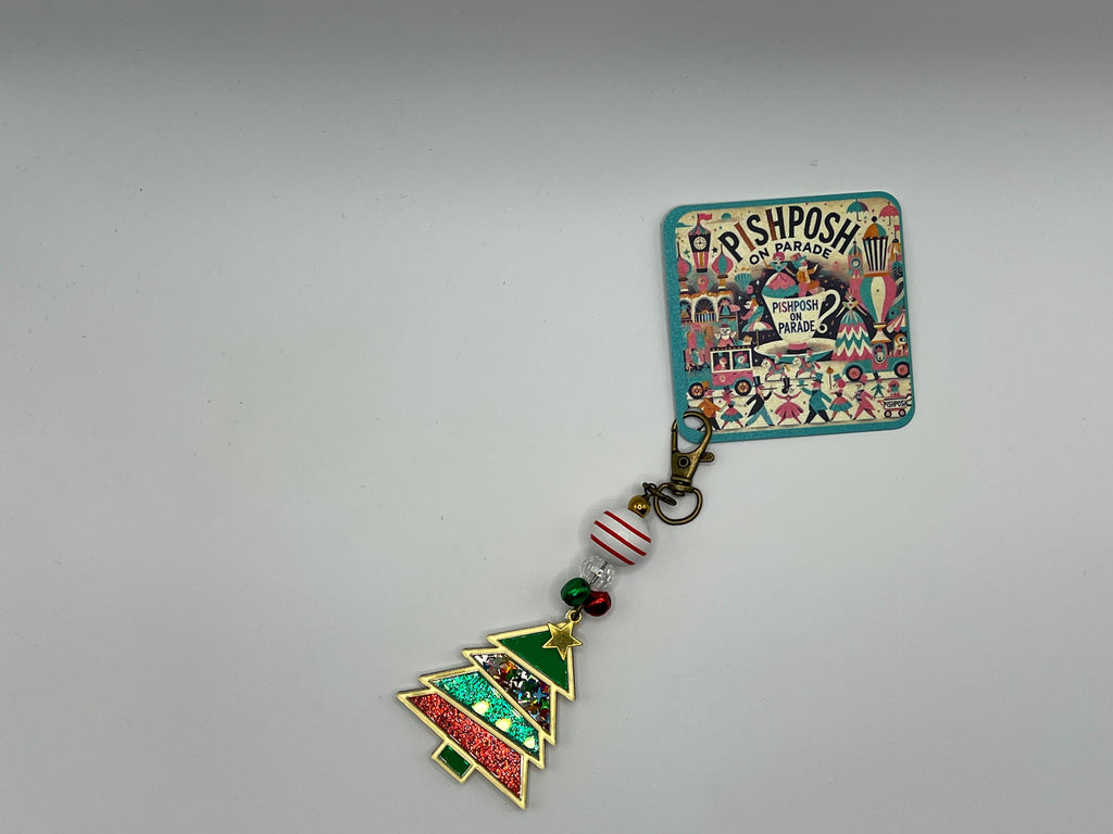 Vibrant Red and Green Christmas Tree with Jingle Bell Charms - Charm / Bag Zipper Pull