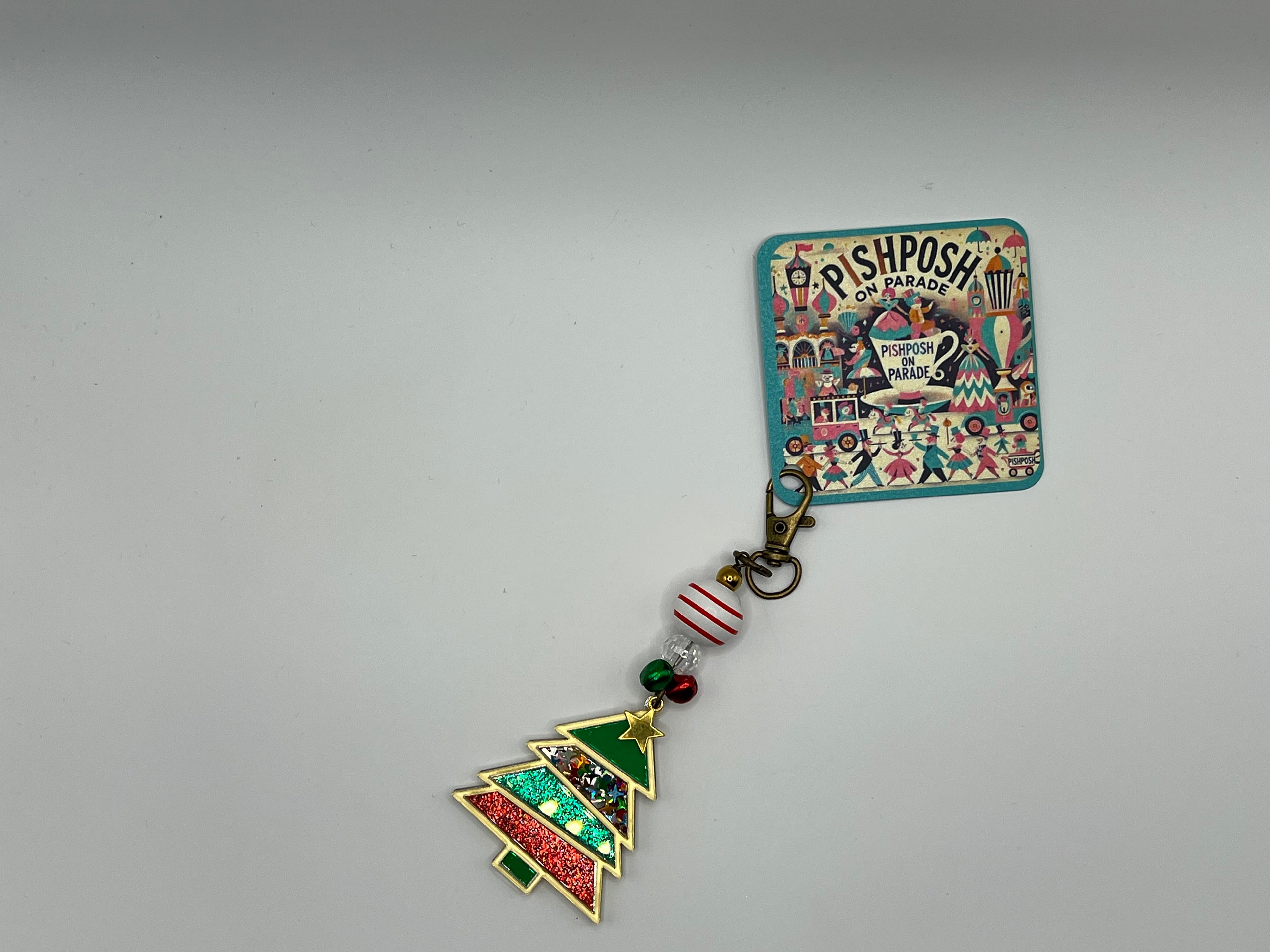 Vibrant Red and Green Christmas Tree with Jingle Bell Charms - Charm / Bag Zipper Pull