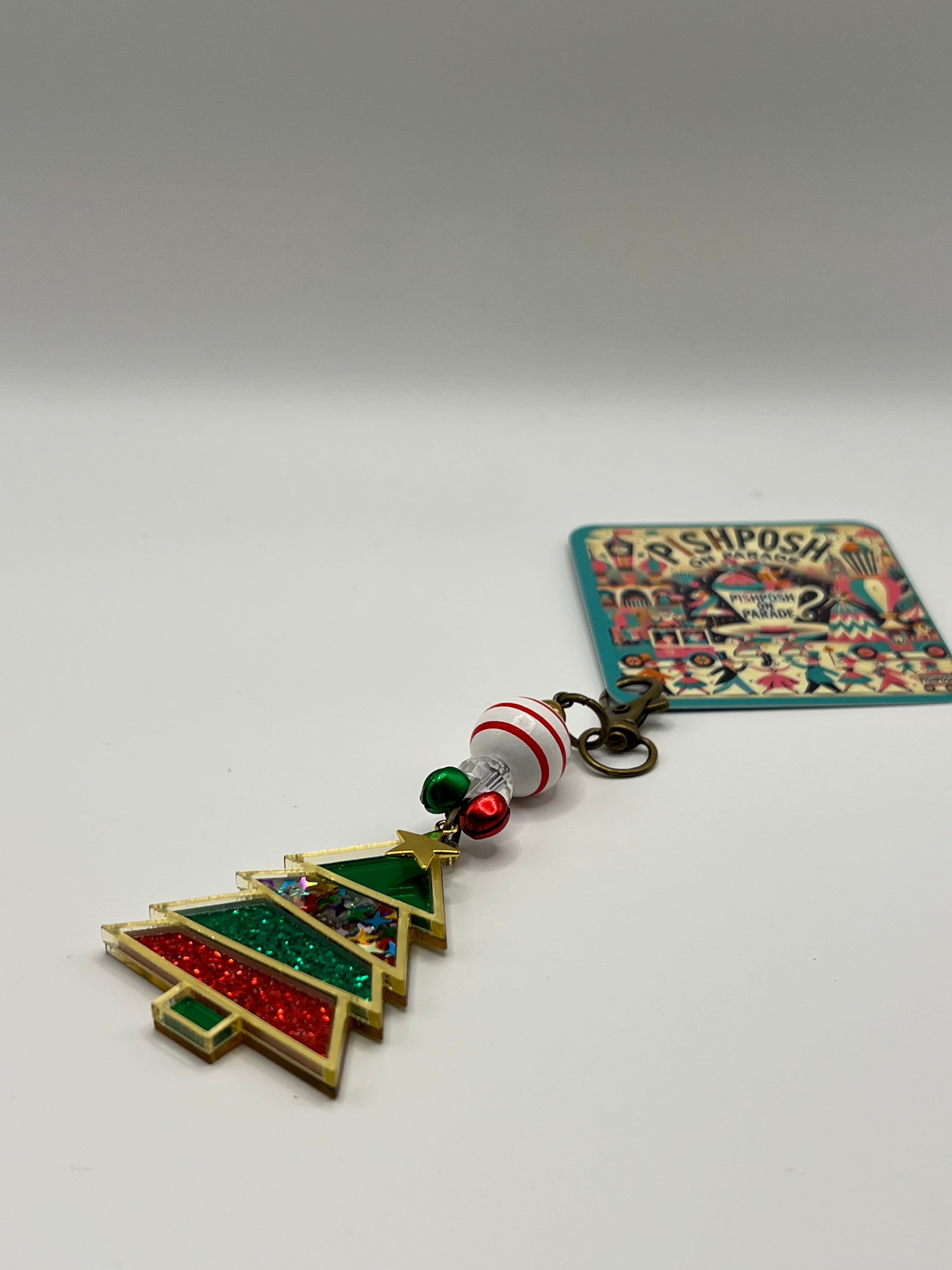 Vibrant Red and Green Christmas Tree with Jingle Bell Charms - Charm / Bag Zipper Pull