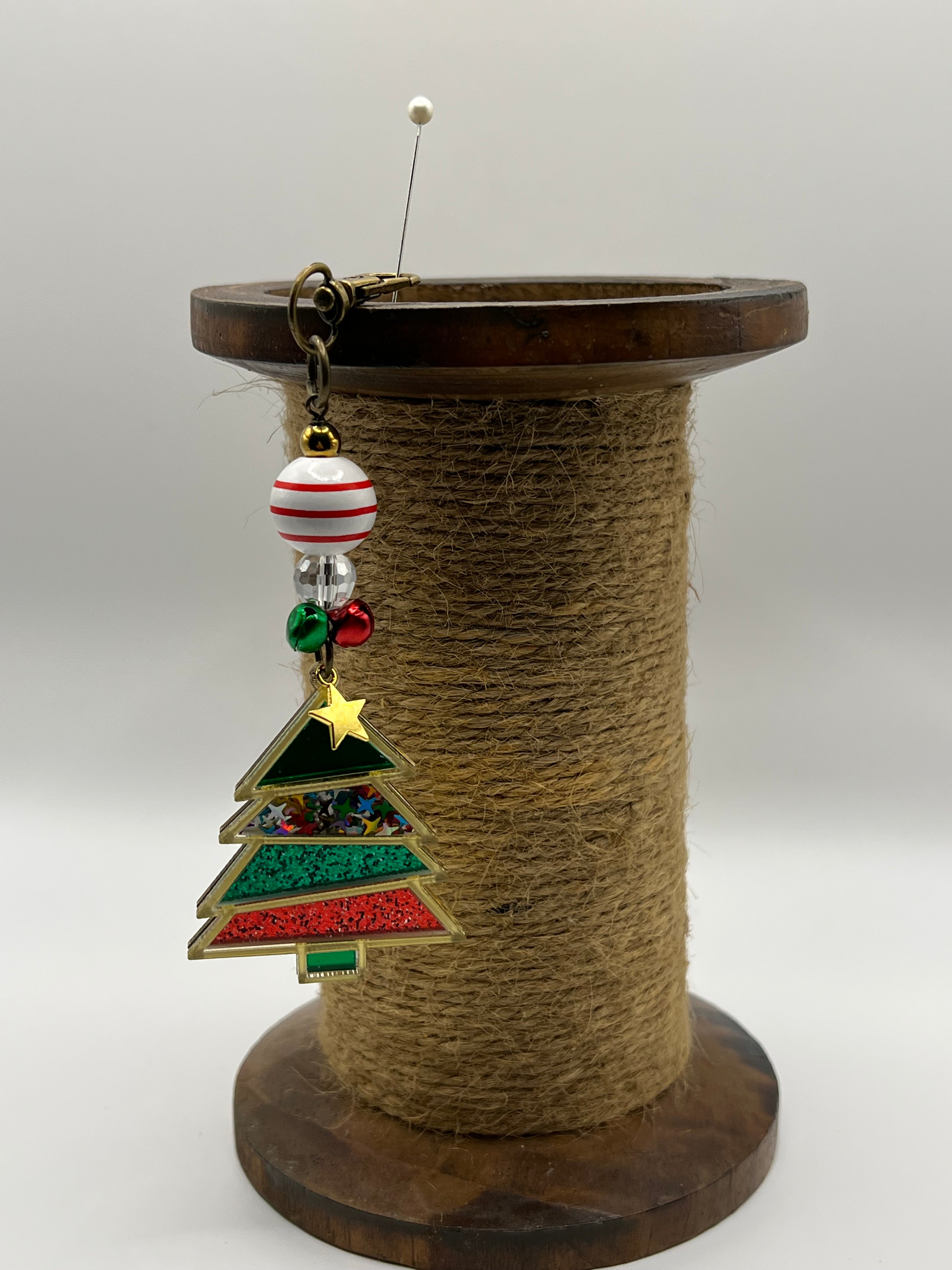 Vibrant Red and Green Christmas Tree with Jingle Bell Charms - Charm / Bag Zipper Pull