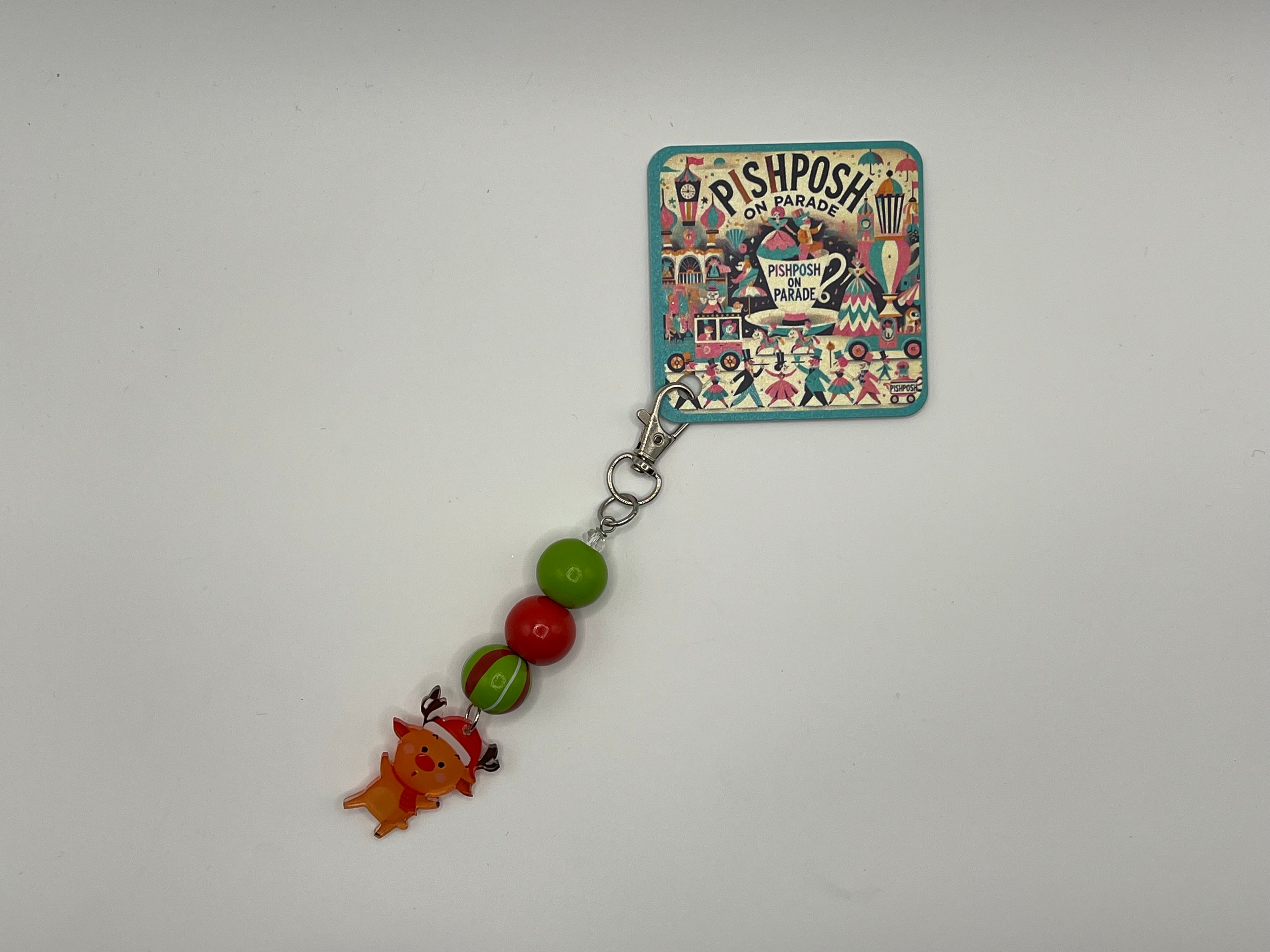 Cartoon Reindeer with Green and Red Beads - Charm / Bag Zipper Pull