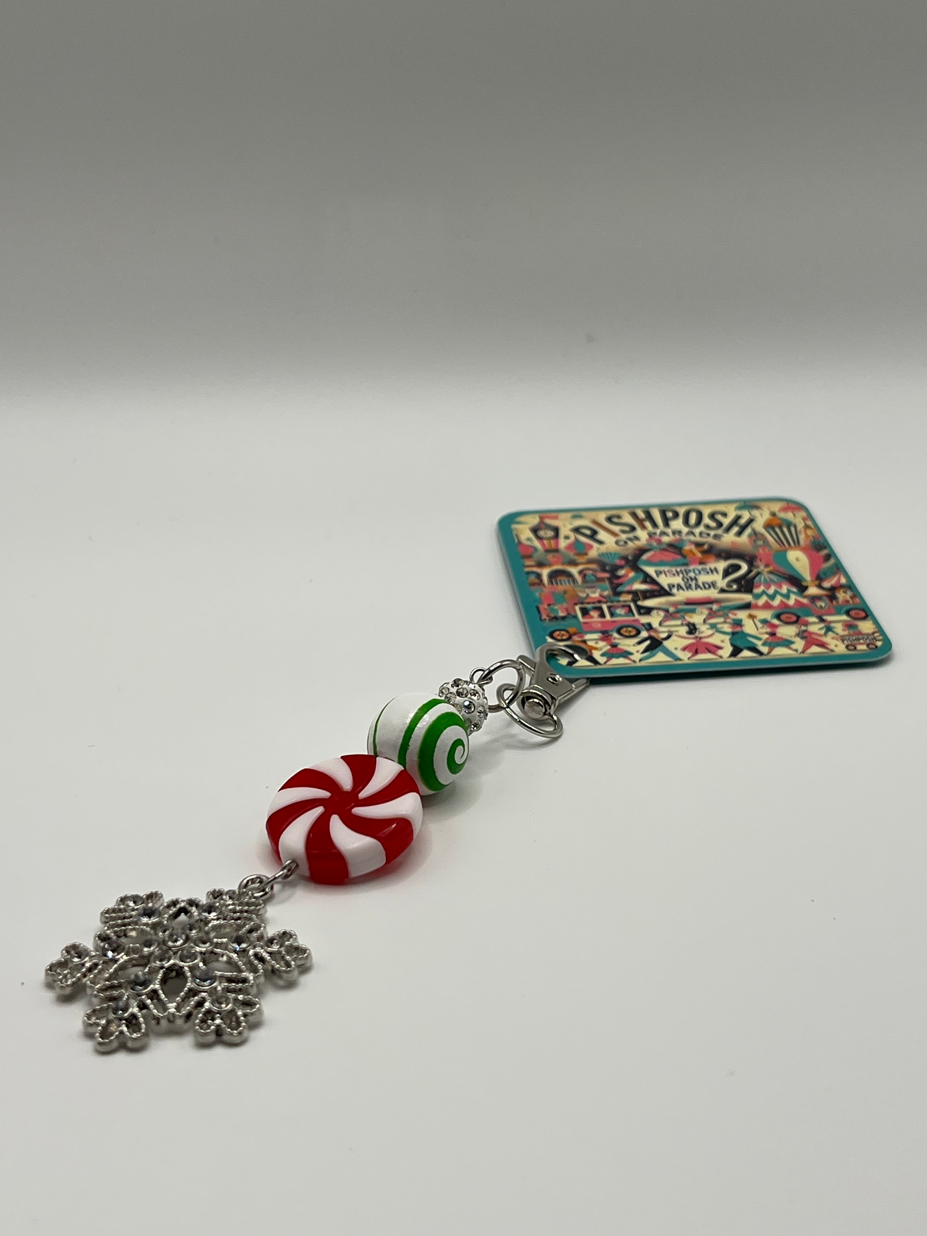 Rhinestone Snowflake with Peppermint Bead - Charm / Bag Zipper Pull