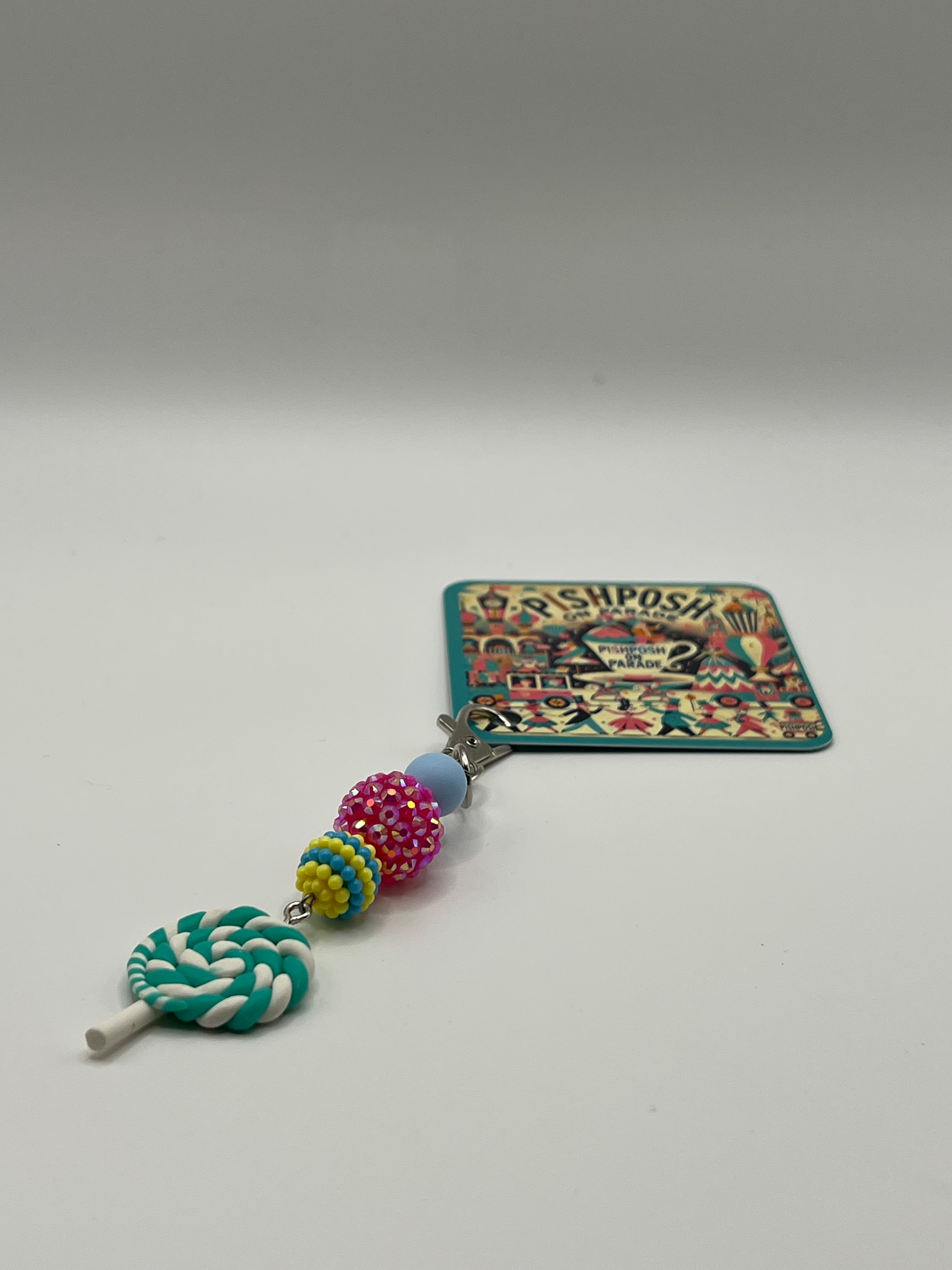 Teal Green Swirl Lollipop with colorful beads - Charm / Bag Zipper Pull