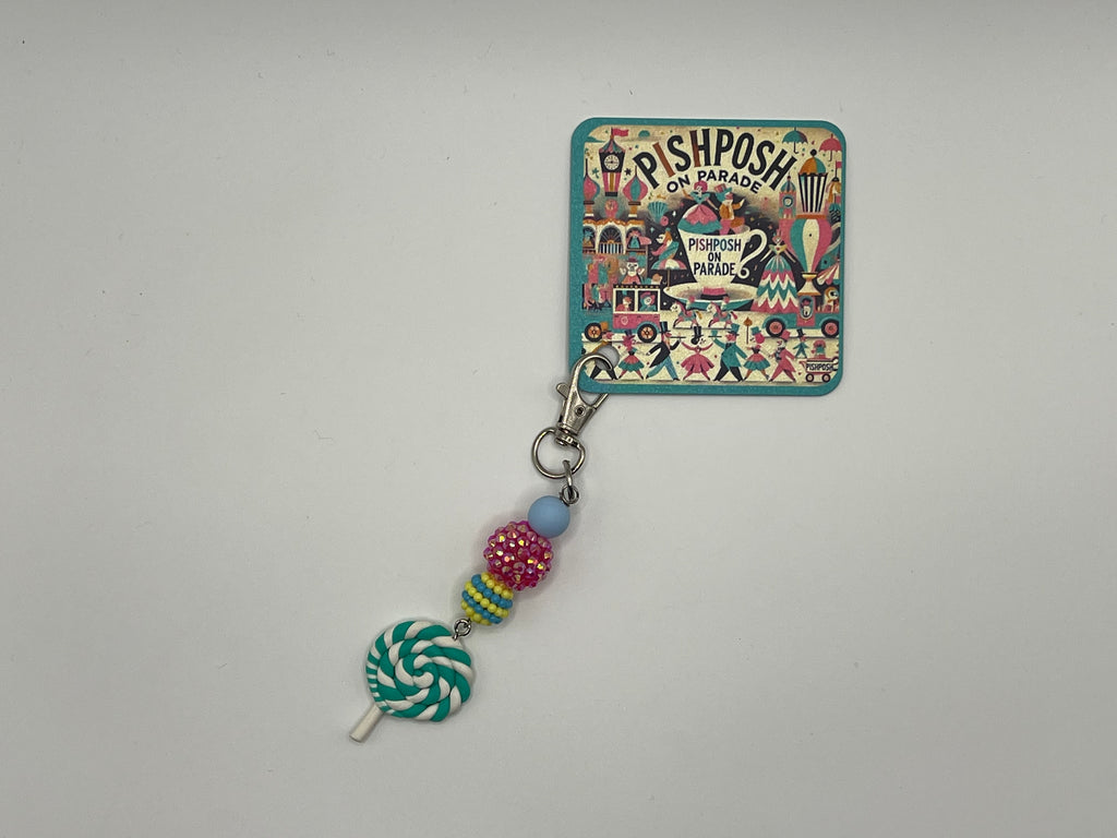 Teal Green Swirl Lollipop with colorful beads - Charm / Bag Zipper Pull