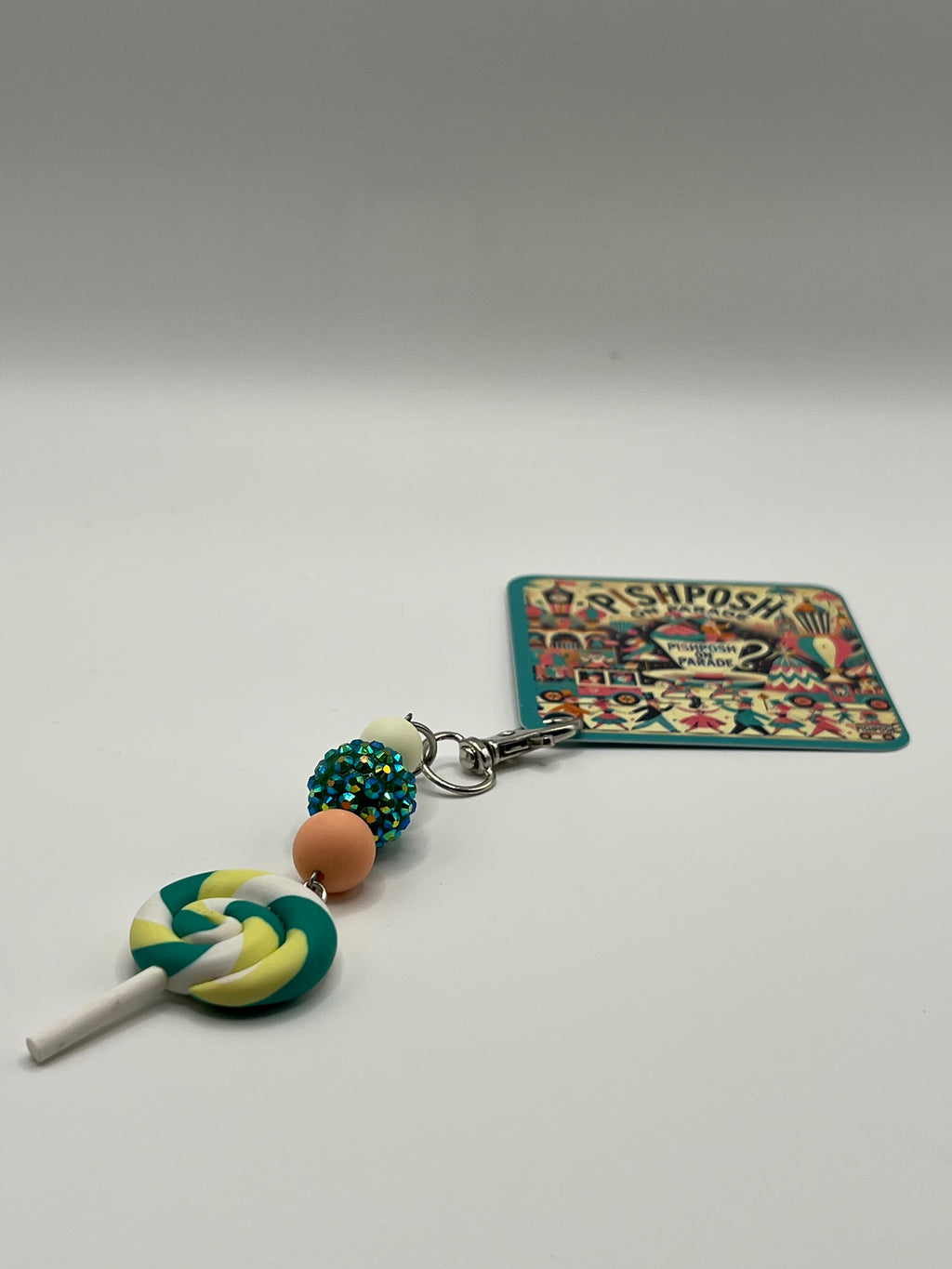 Green, white and yellow swirl Lollipop with Green Bead - Charm / Bag Zipper pull