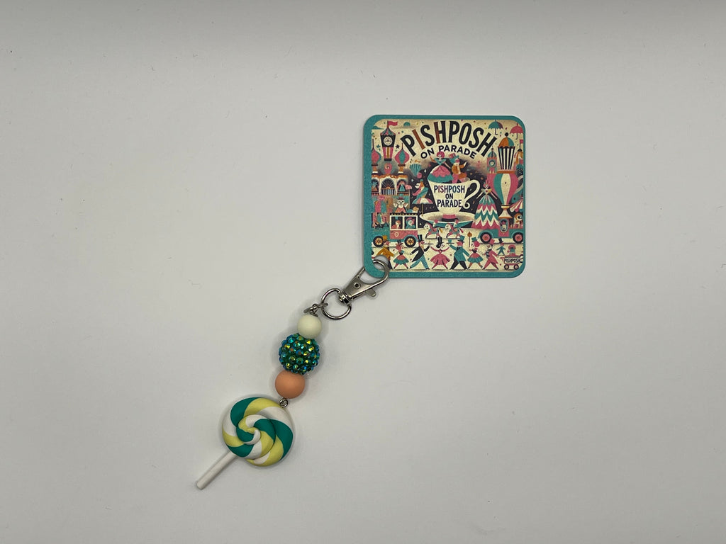 Green, white and yellow swirl Lollipop with Green Bead - Charm / Bag Zipper pull