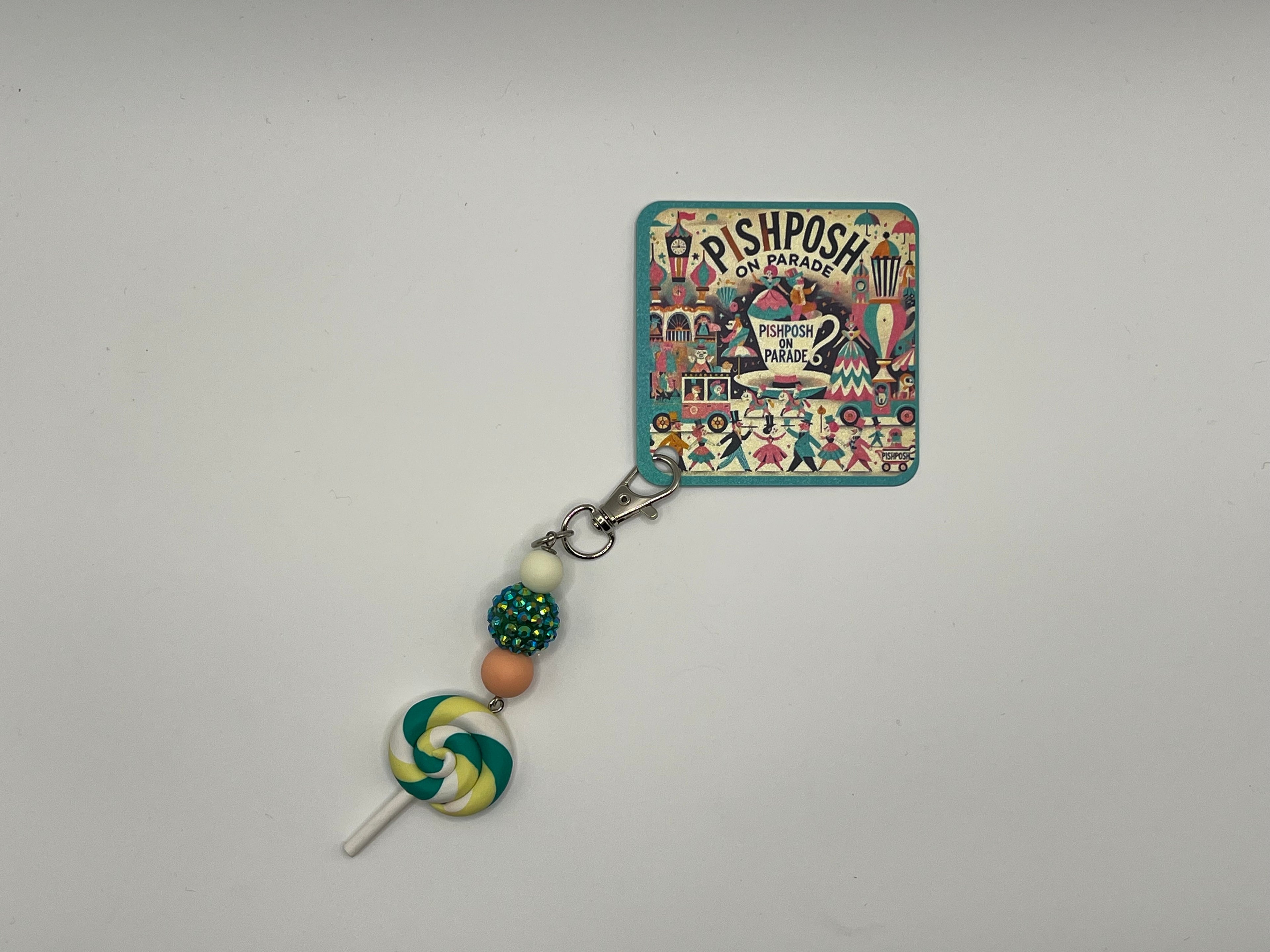 Green, white and yellow swirl Lollipop with Green Bead - Charm / Bag Zipper pull