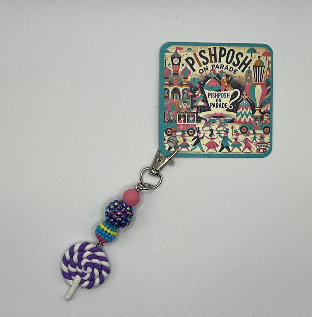 Purple and white swirl lollipop with purple bead - Charm / Bag Zipper Pull