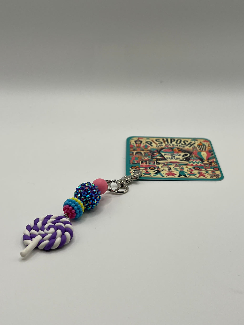 Purple and white swirl lollipop with purple bead - Charm / Bag Zipper Pull