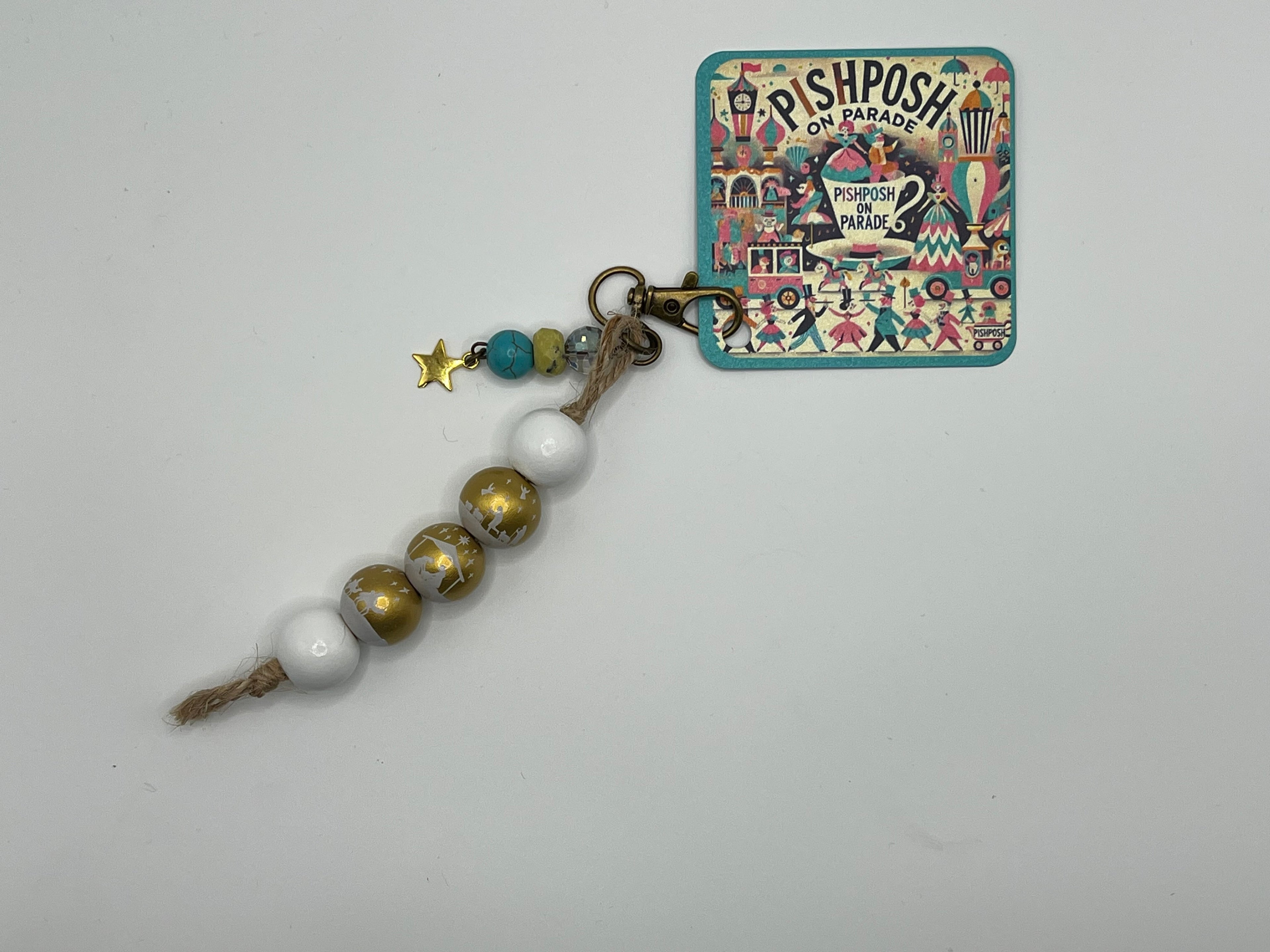White and Gold Nativity with Turquoise bead and star - Charm / Bag Zipper Pull