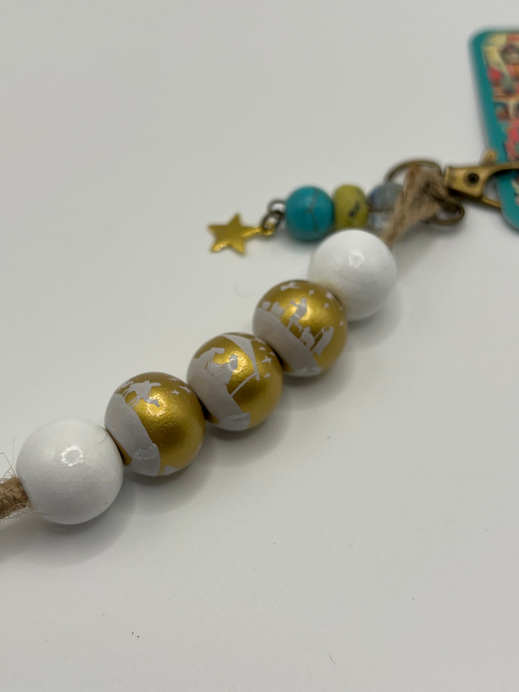 White and Gold Nativity with Turquoise bead and star - Charm / Bag Zipper Pull