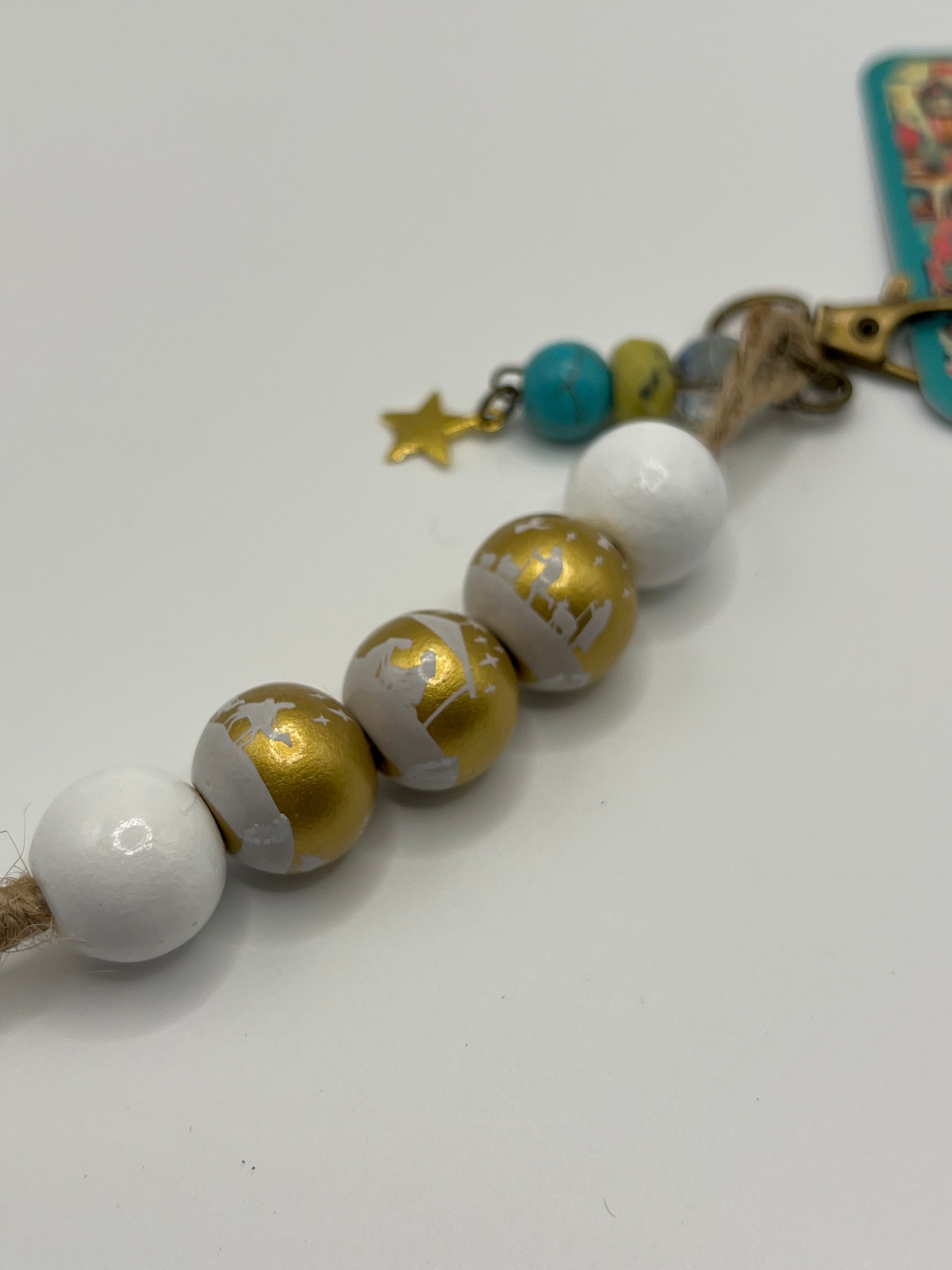White and Gold Nativity with Turquoise bead and star - Charm / Bag Zipper Pull