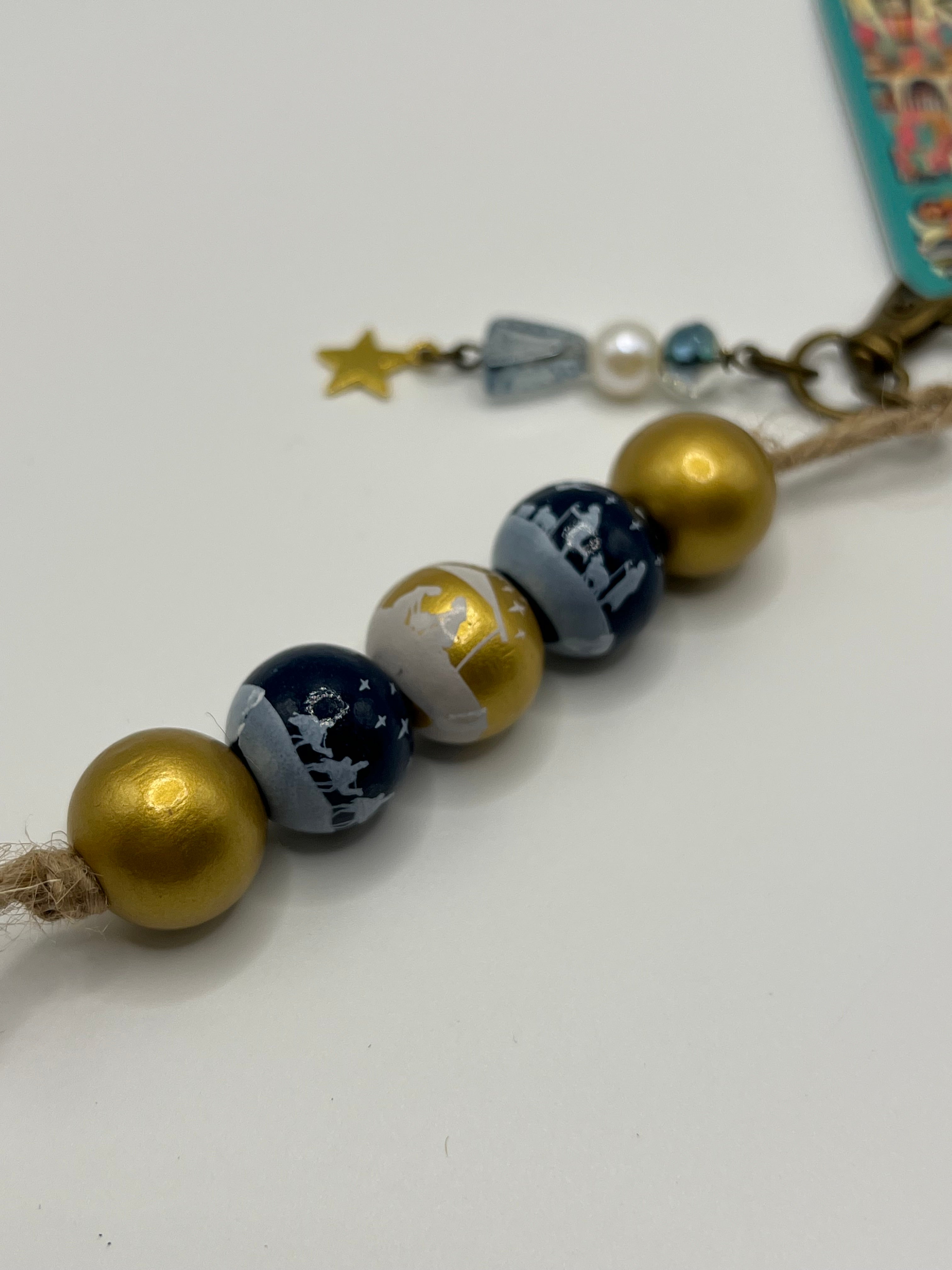 Gold and Blue Nativity with Fresh Water Pearl and Gold Star - Charm / Bag Zipper Pull