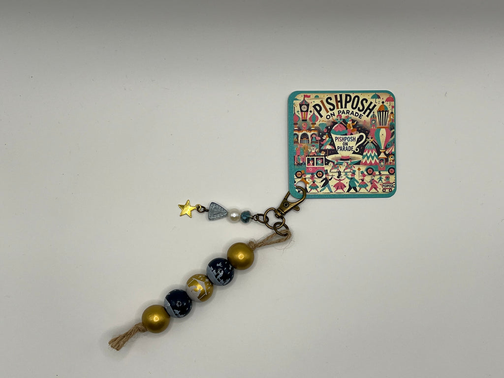 Gold and Blue Nativity with Fresh Water Pearl and Gold Star - Charm / Bag Zipper Pull