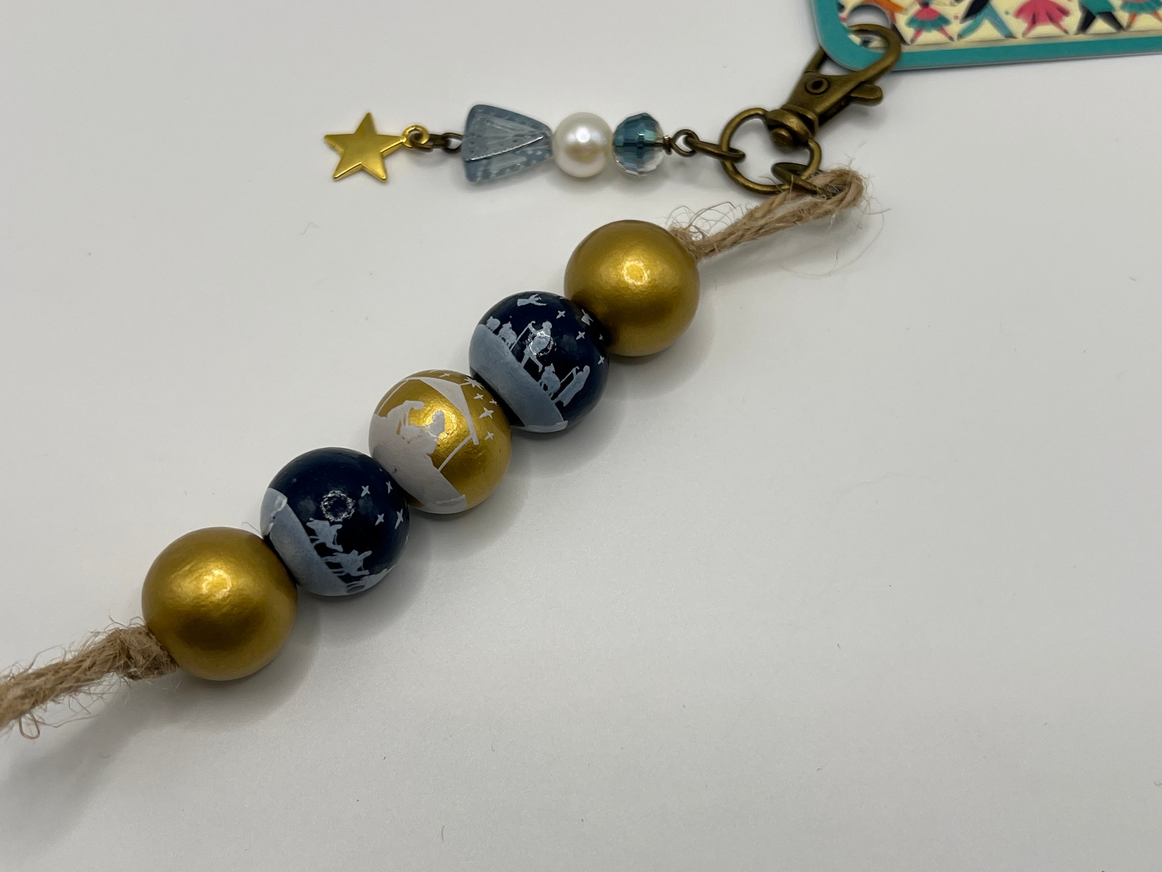 Gold and Blue Nativity with Fresh Water Pearl and Gold Star - Charm / Bag Zipper Pull