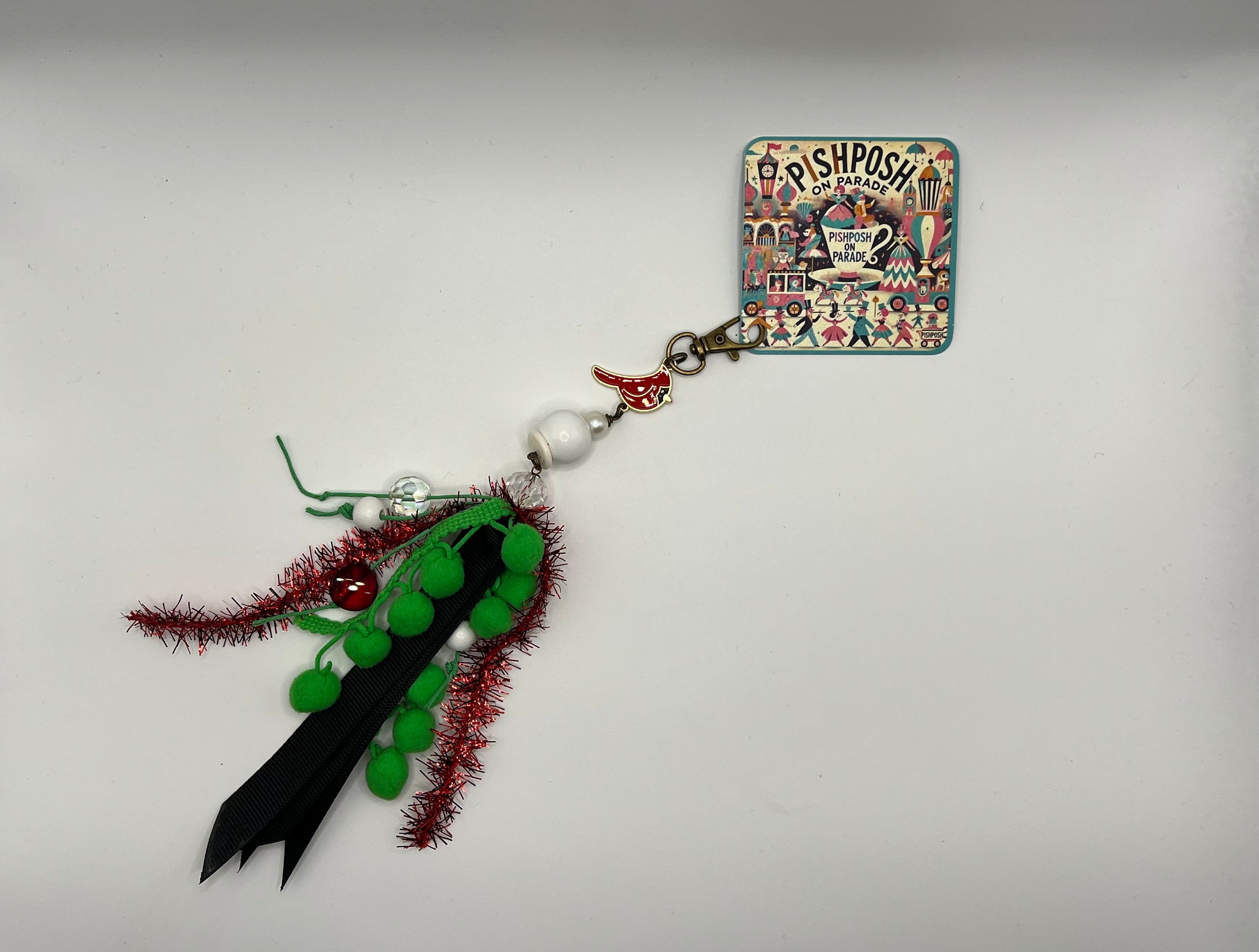 Red Cardinal Bird with Pom Pom Tinsel and Ribbon - Charm / Bag Zipper Pull