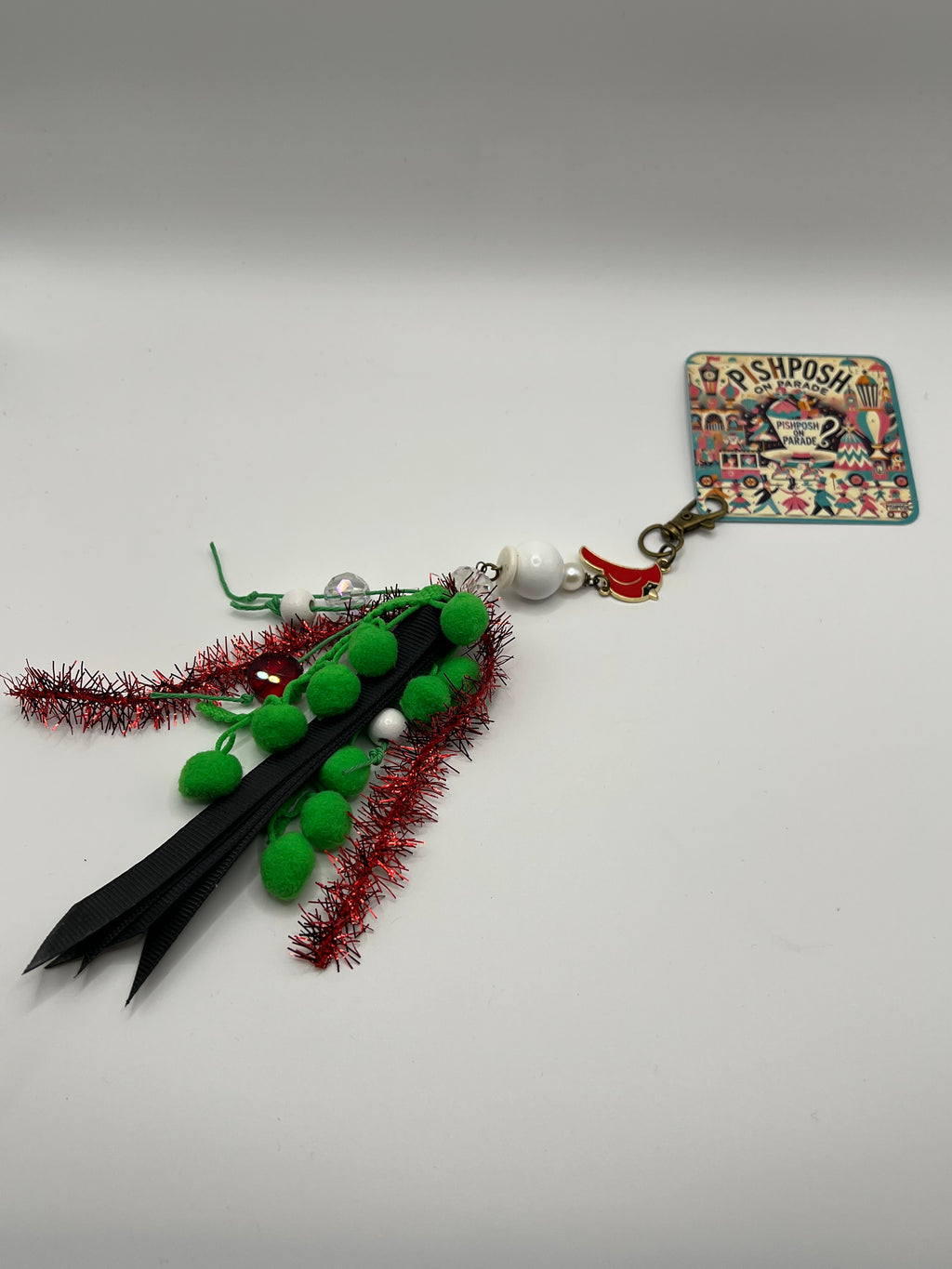 Red Cardinal Bird with Pom Pom Tinsel and Ribbon - Charm / Bag Zipper Pull