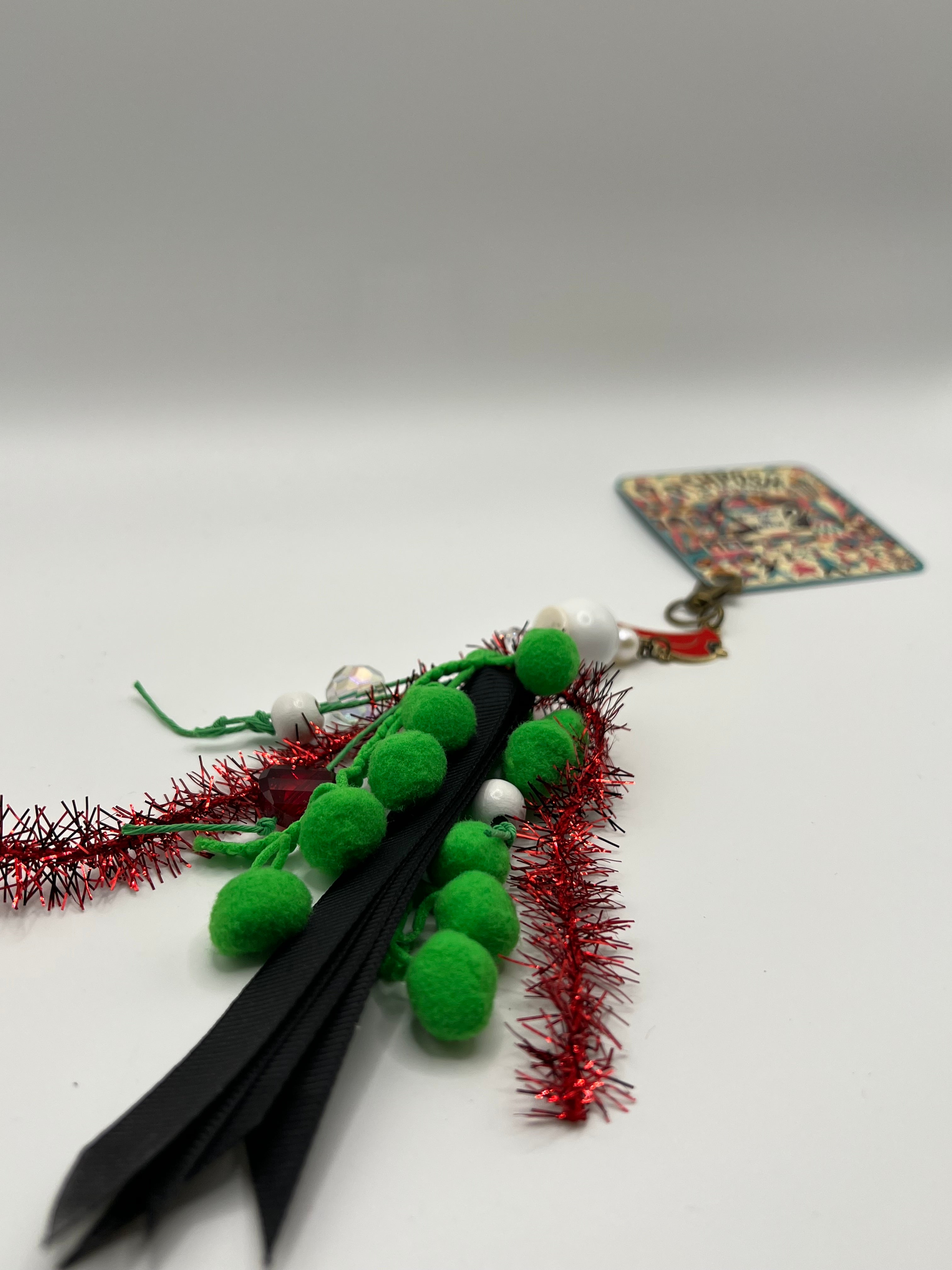 Red Cardinal Bird with Pom Pom Tinsel and Ribbon - Charm / Bag Zipper Pull