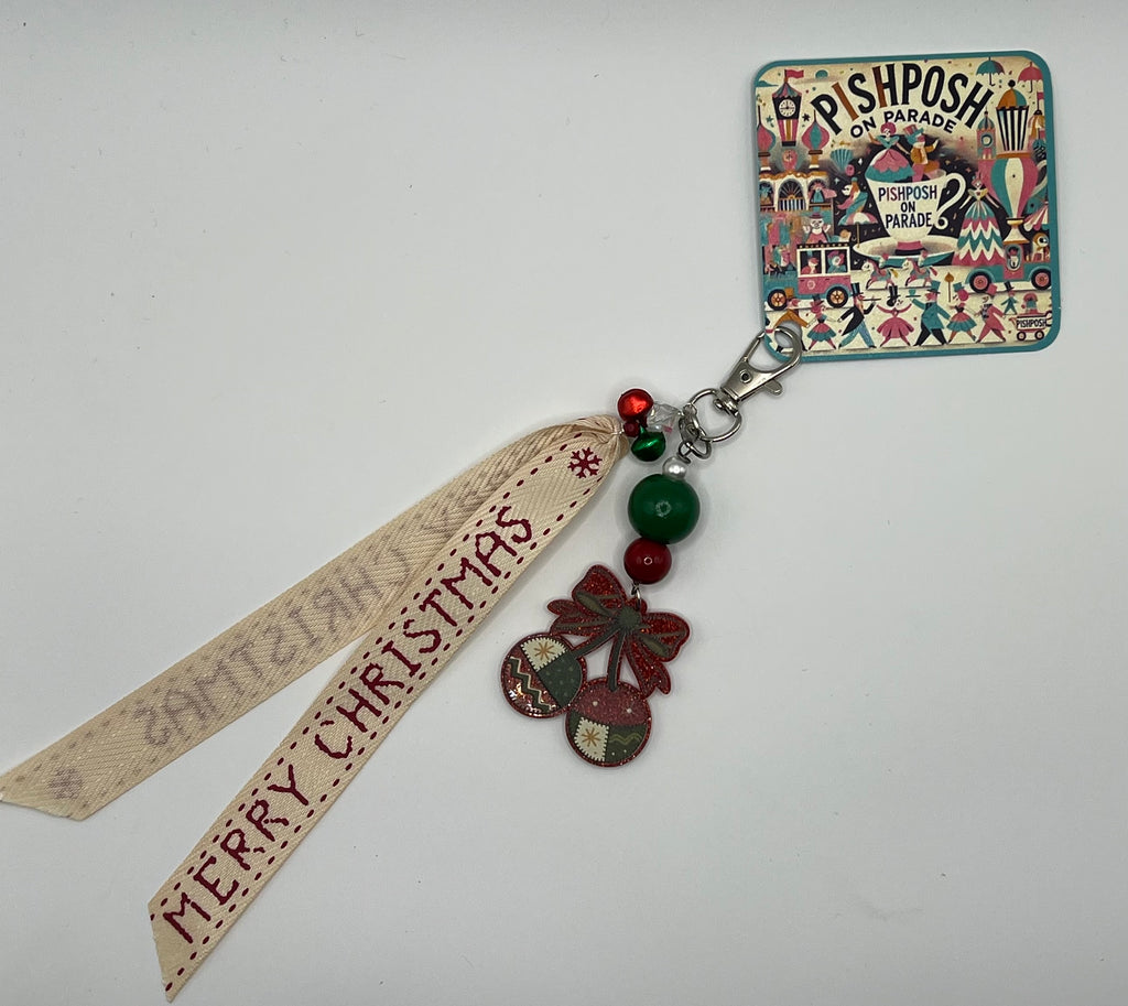 Candied Cherries with Vintage Ribbon and Red + Green Jingle Bells - Charm / Bag Zipper Pull
