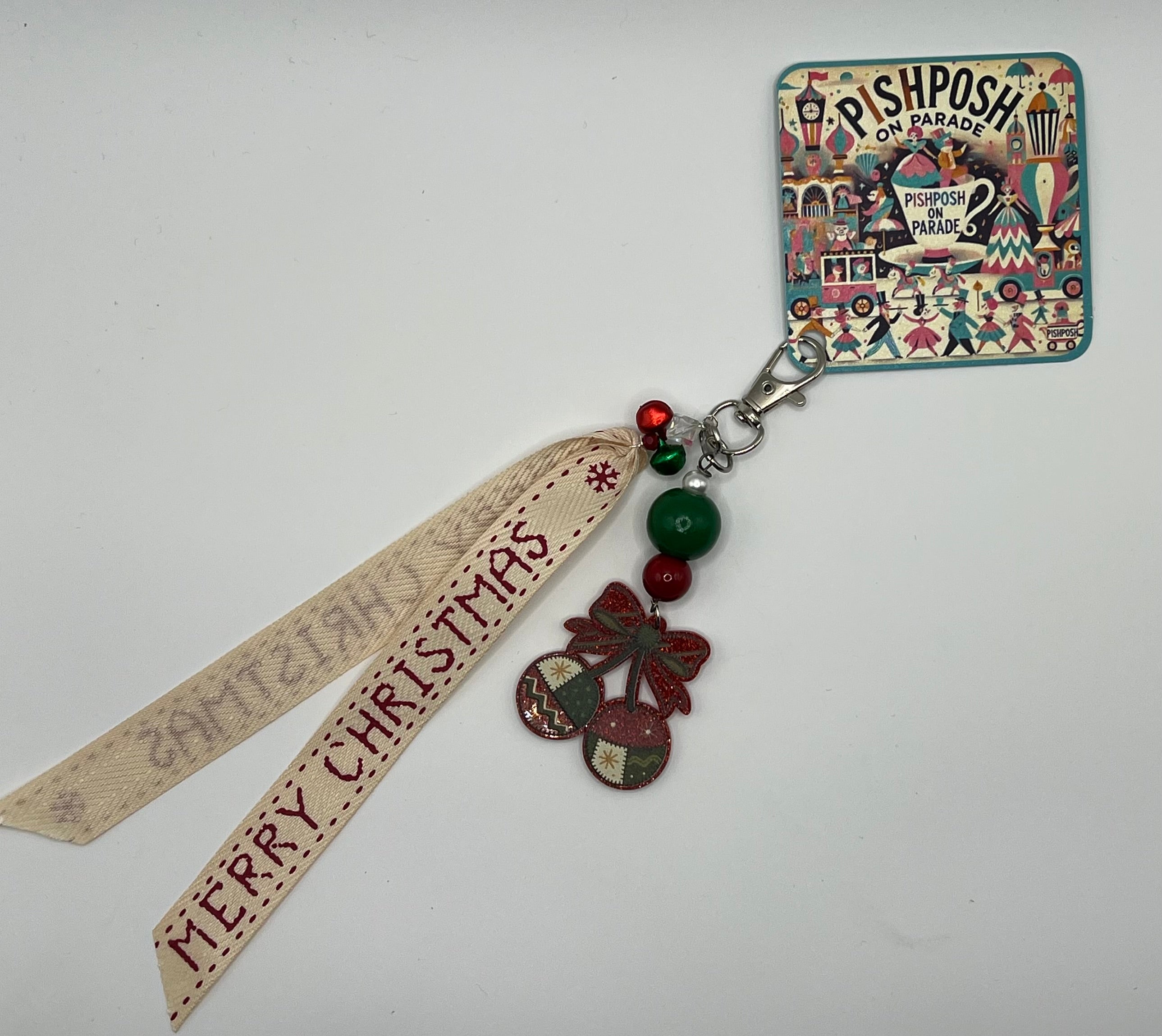 Candied Cherries with Vintage Ribbon and Red + Green Jingle Bells - Charm / Bag Zipper Pull