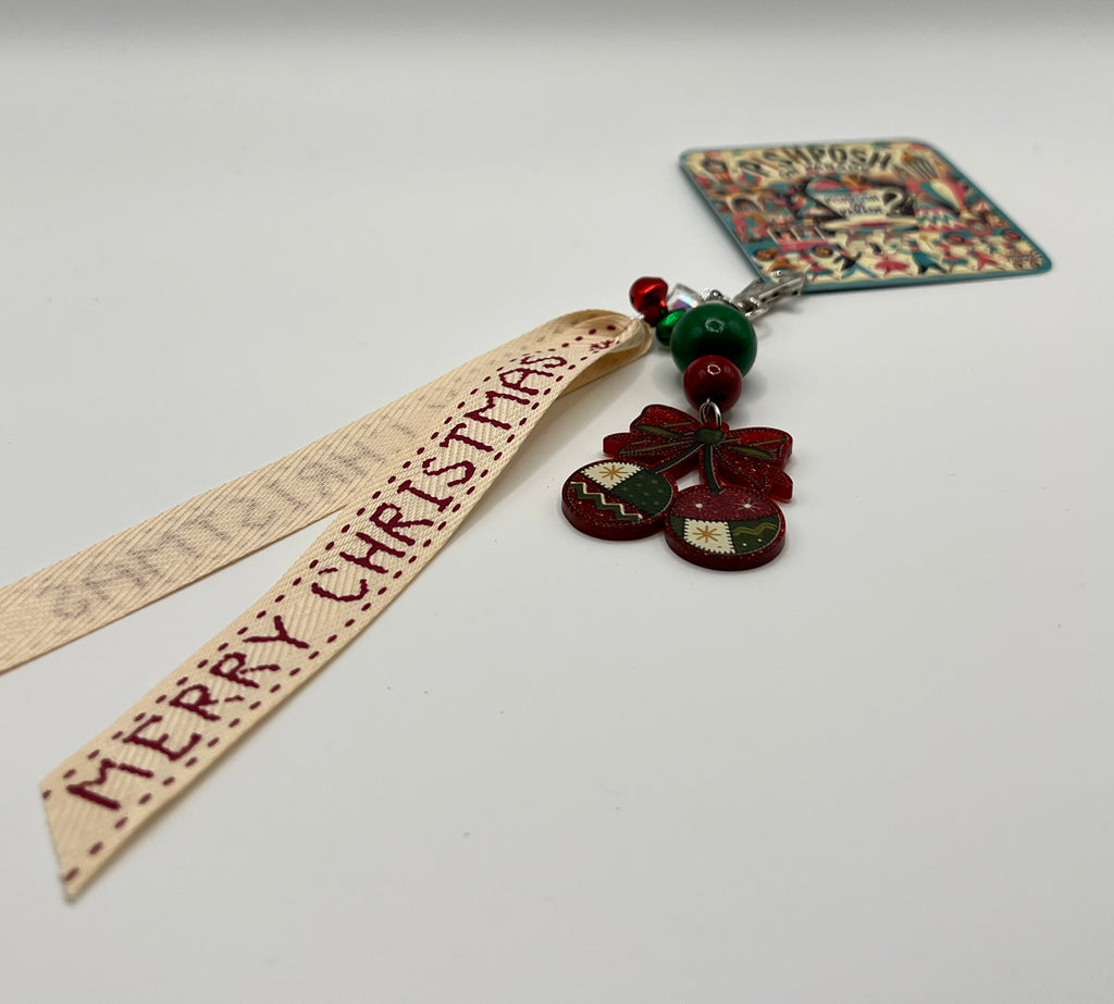 Candied Cherries with Vintage Ribbon and Red + Green Jingle Bells - Charm / Bag Zipper Pull