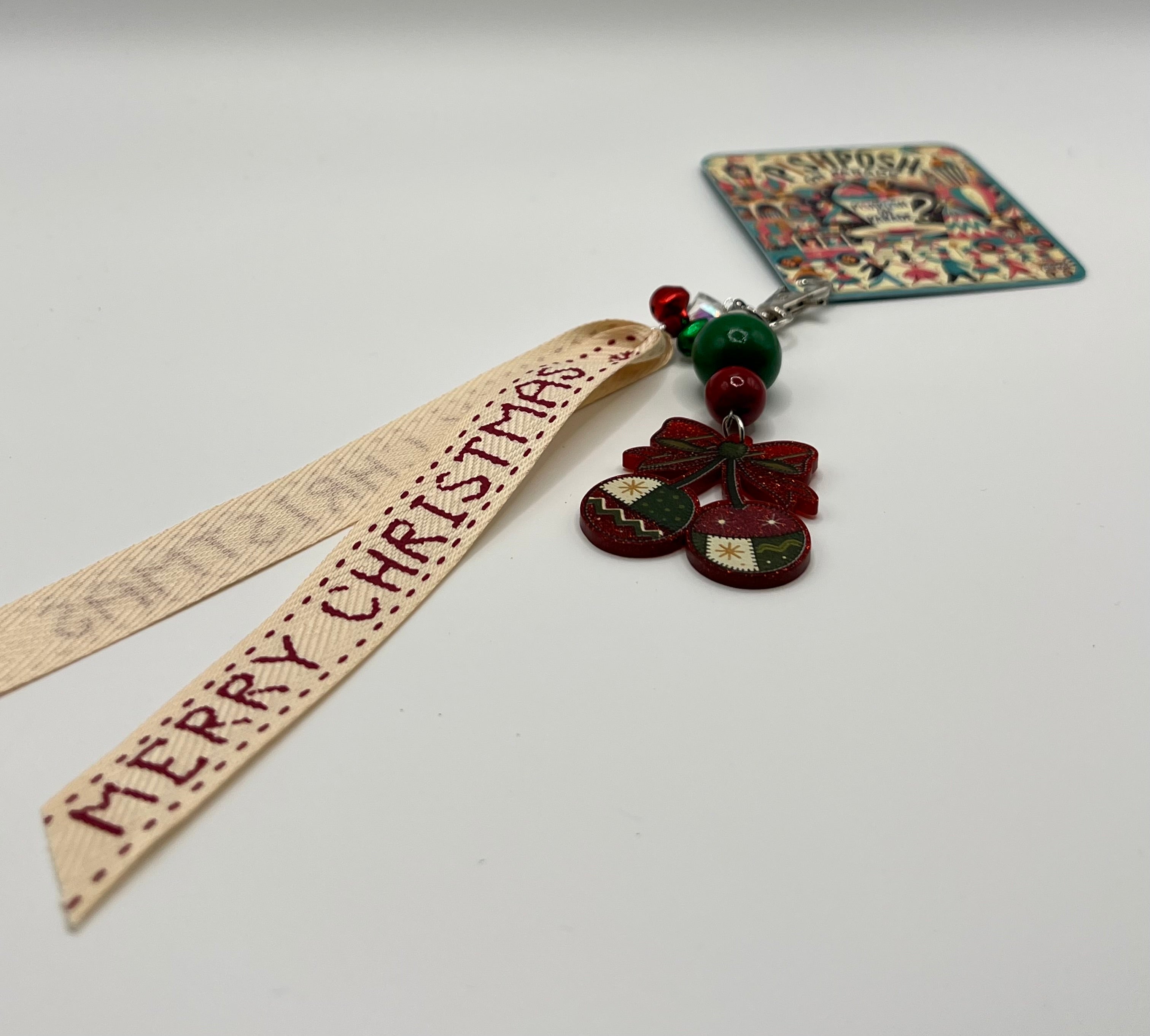 Candied Cherries with Vintage Ribbon and Red + Green Jingle Bells - Charm / Bag Zipper Pull