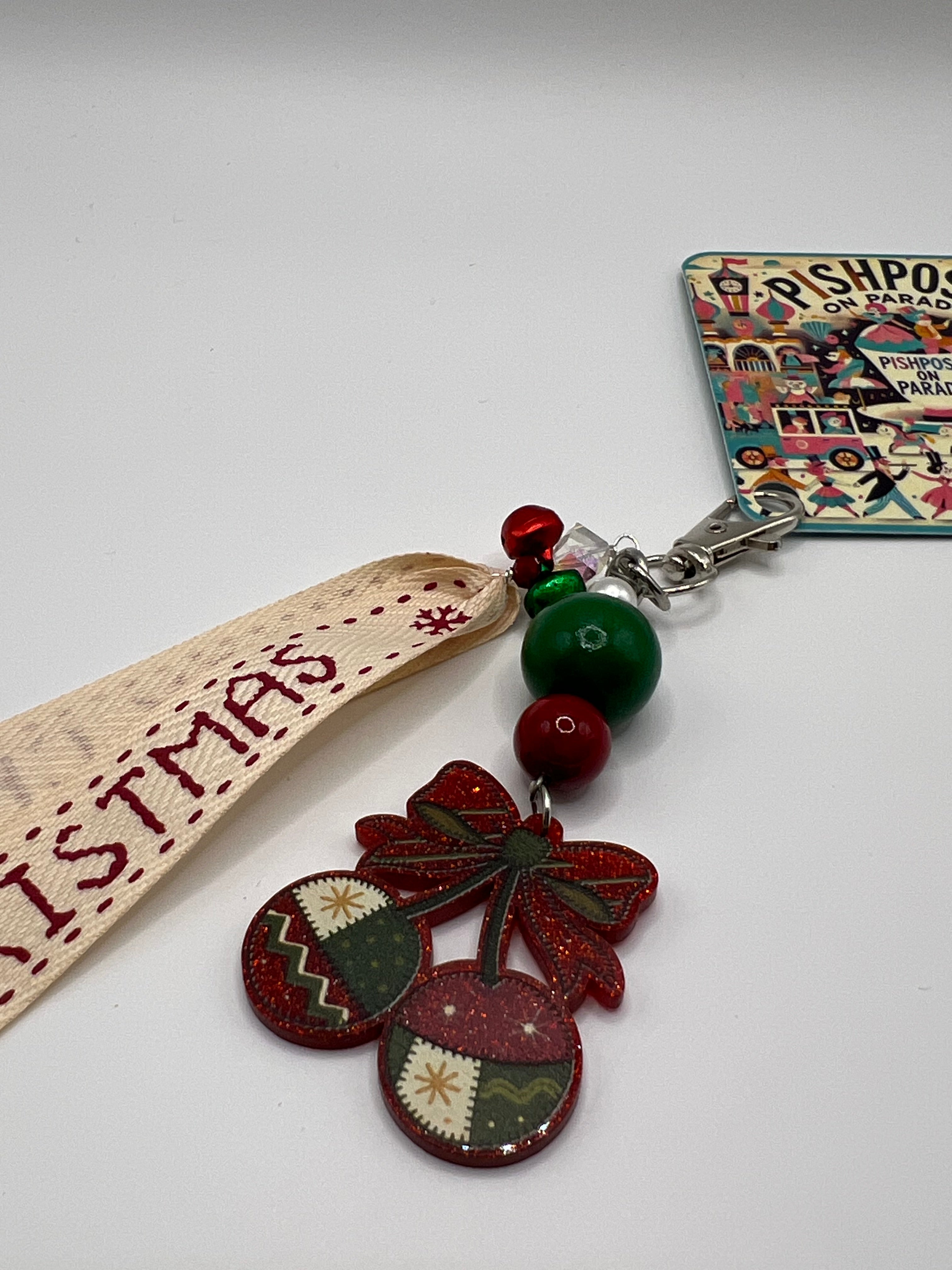 Candied Cherries with Vintage Ribbon and Red + Green Jingle Bells - Charm / Bag Zipper Pull