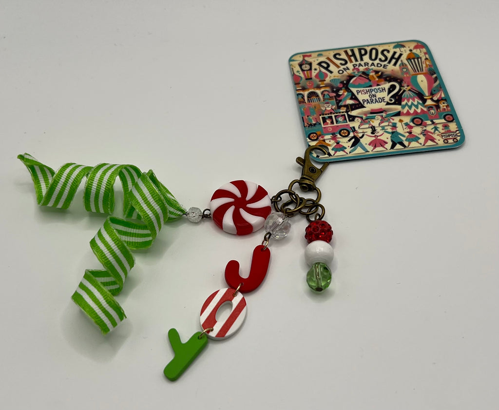 Peppermint JOY with Lime Green Ribbon - Charm / Bag Zipper Pull