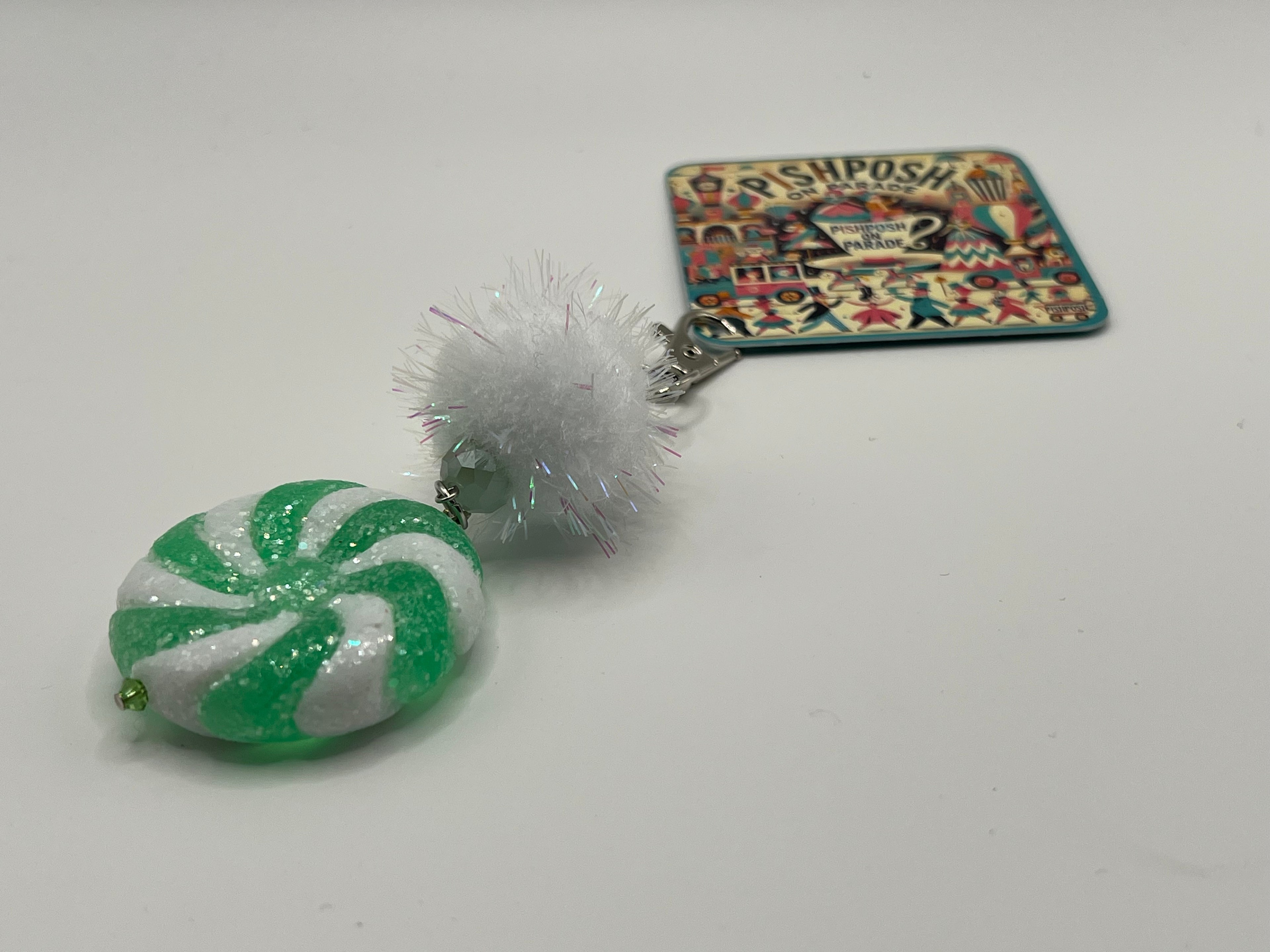 Green and White Swirl Candy with Fairy Pom - Charm / Bag Zipper Pull