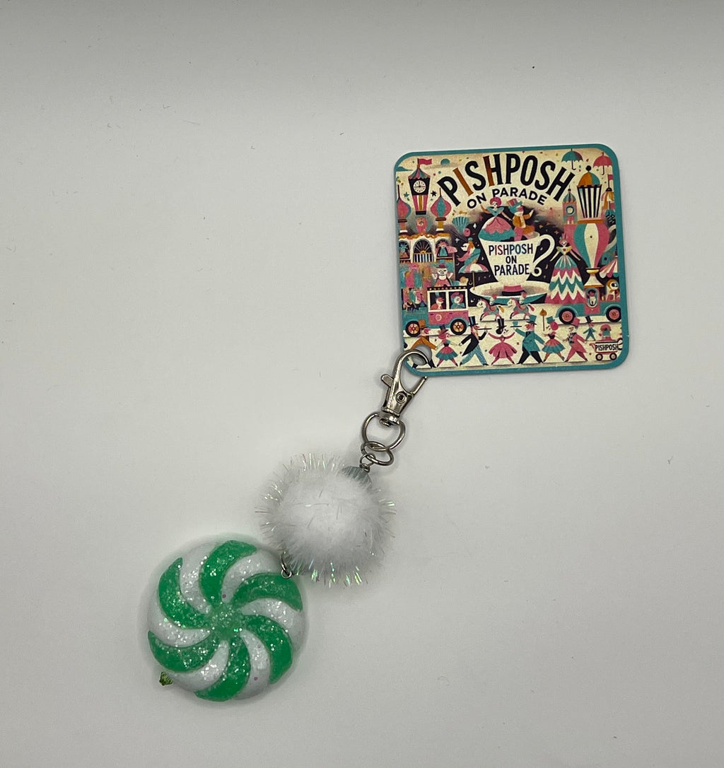 Green and White Swirl Candy with Fairy Pom - Charm / Bag Zipper Pull