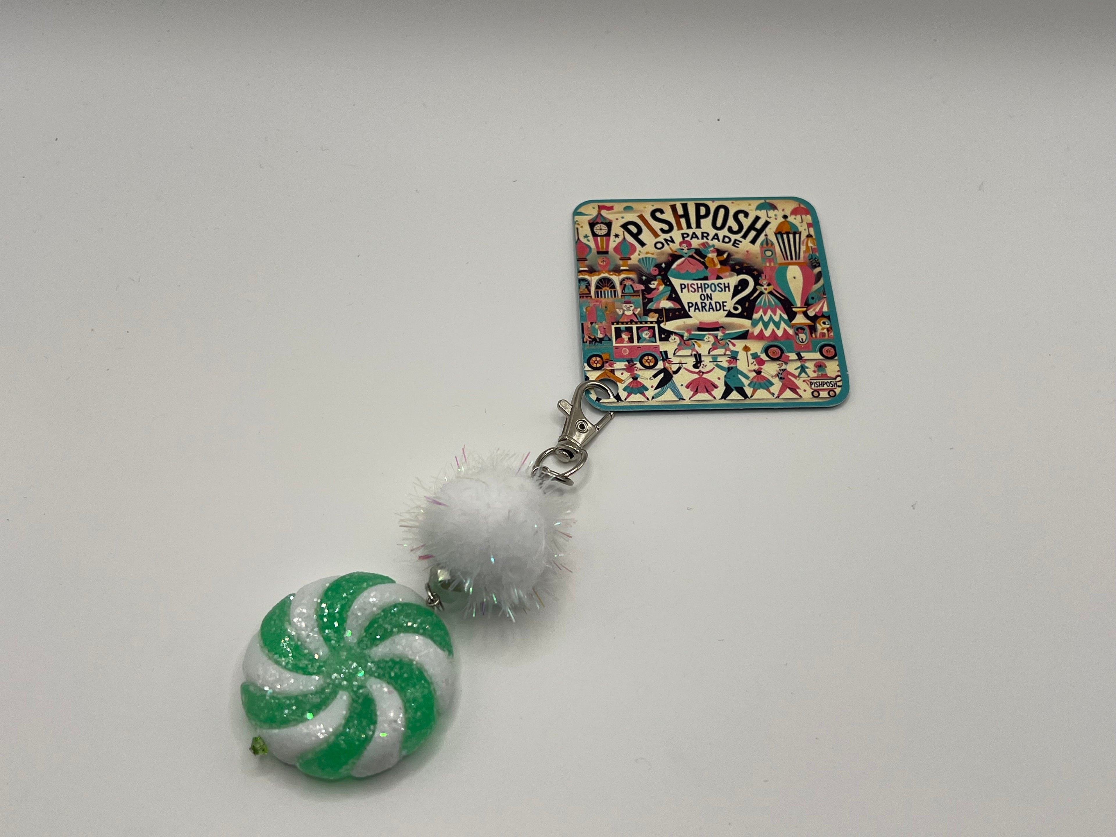 Green and White Swirl Candy with Fairy Pom - Charm / Bag Zipper Pull
