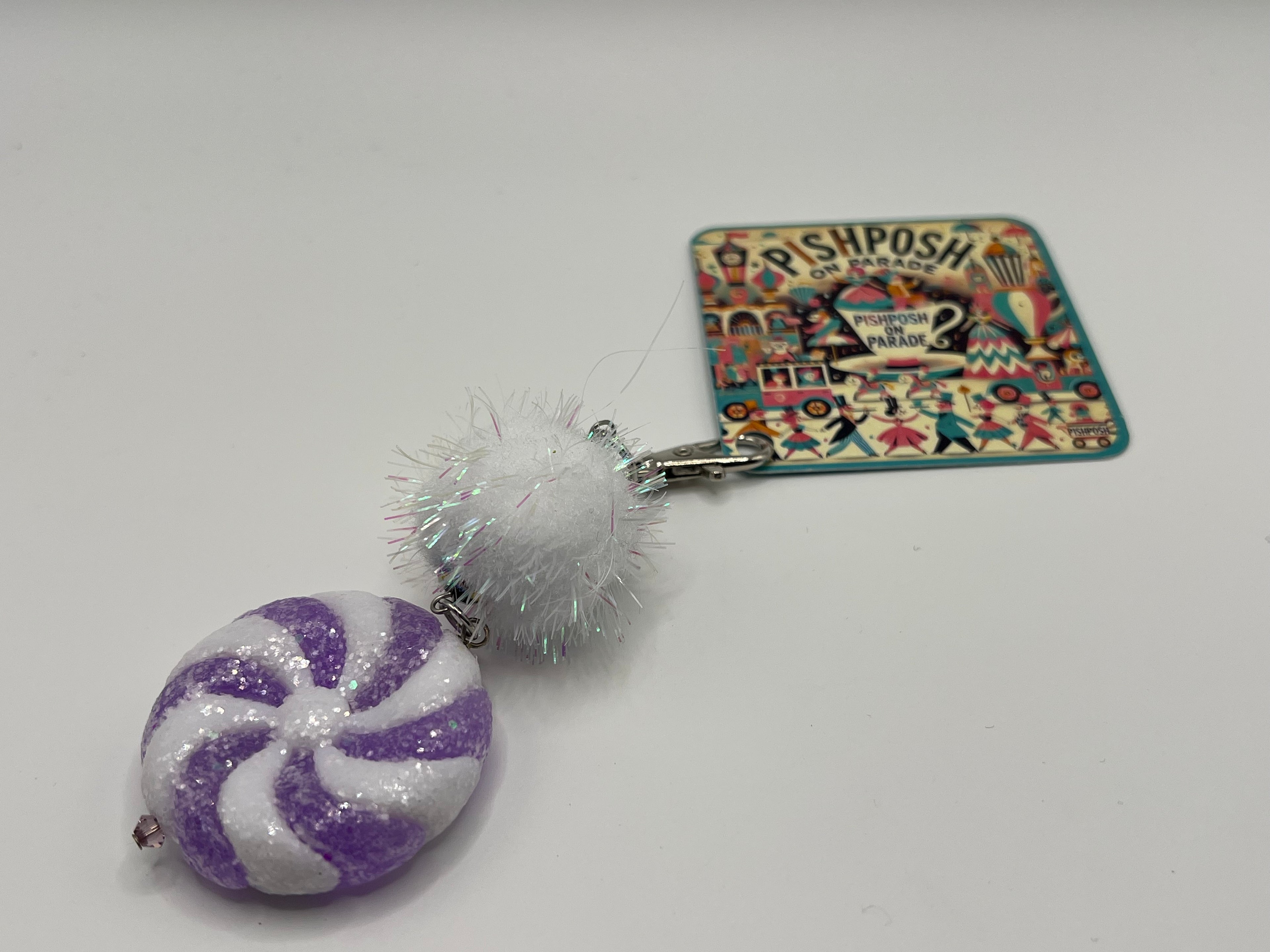 Purple and White Swirl Candy with Fairy Pom - Charm / Bag Zipper Pull