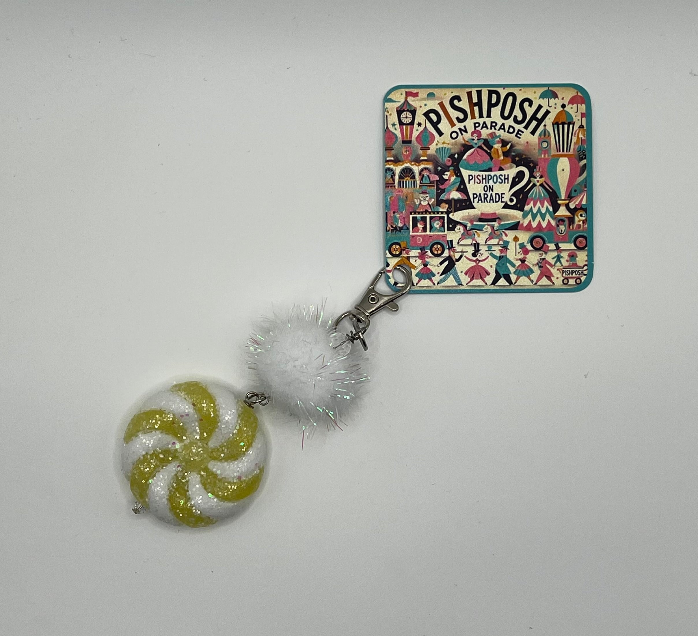 Yellow and White Candy Swirl with Fairy Puff - Charm / Bag Zipper Pull