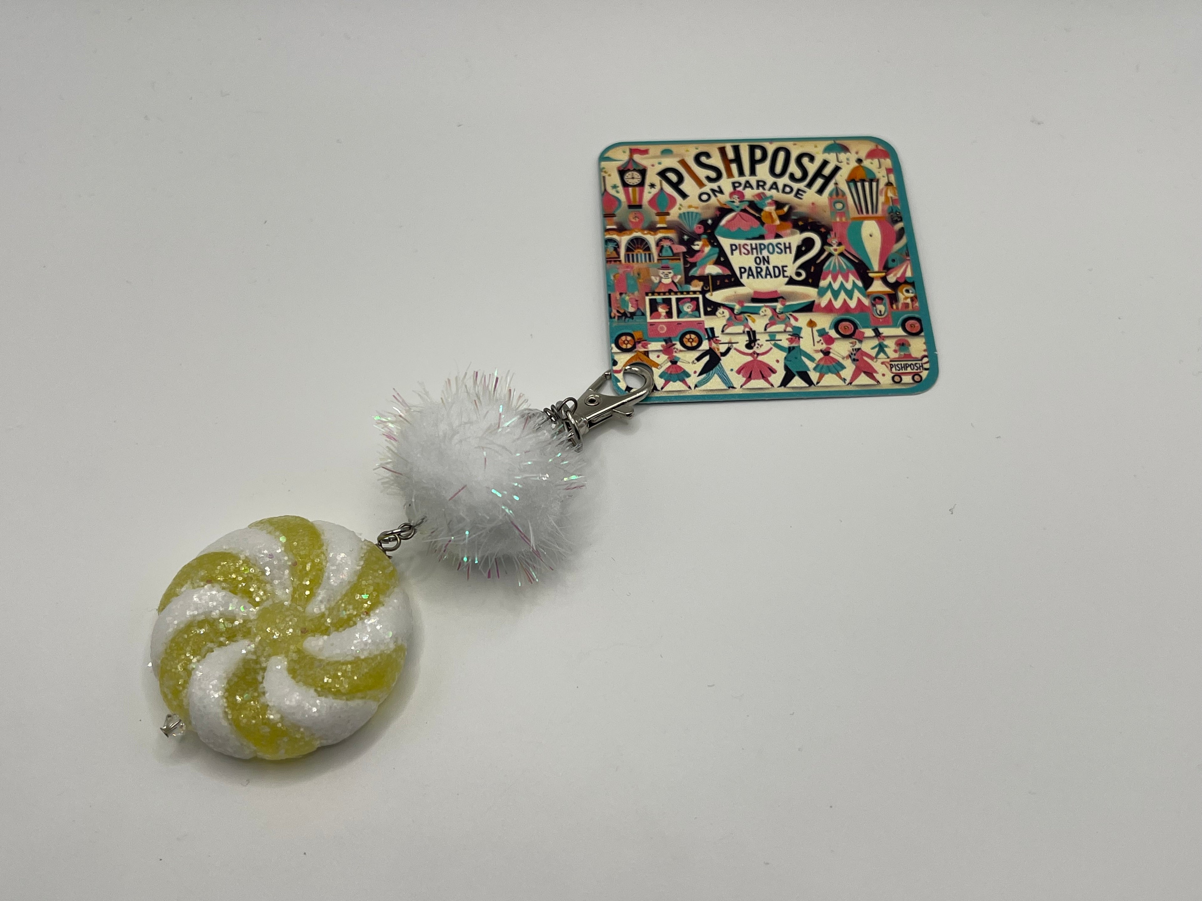 Yellow and White Candy Swirl with Fairy Puff - Charm / Bag Zipper Pull