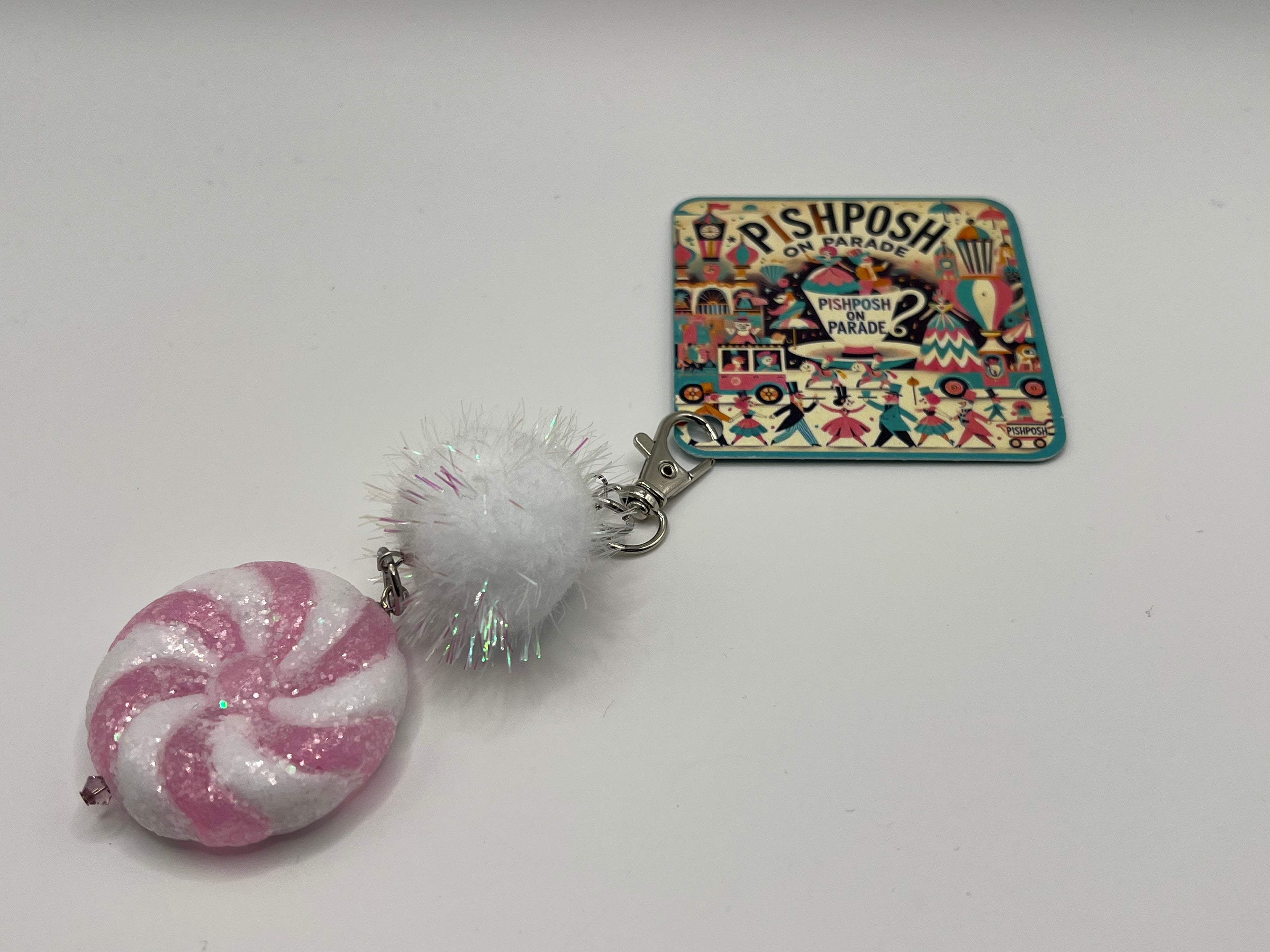 Pink and White swirl “candy” with fairy puff - Charm / Bag Zipper Pull