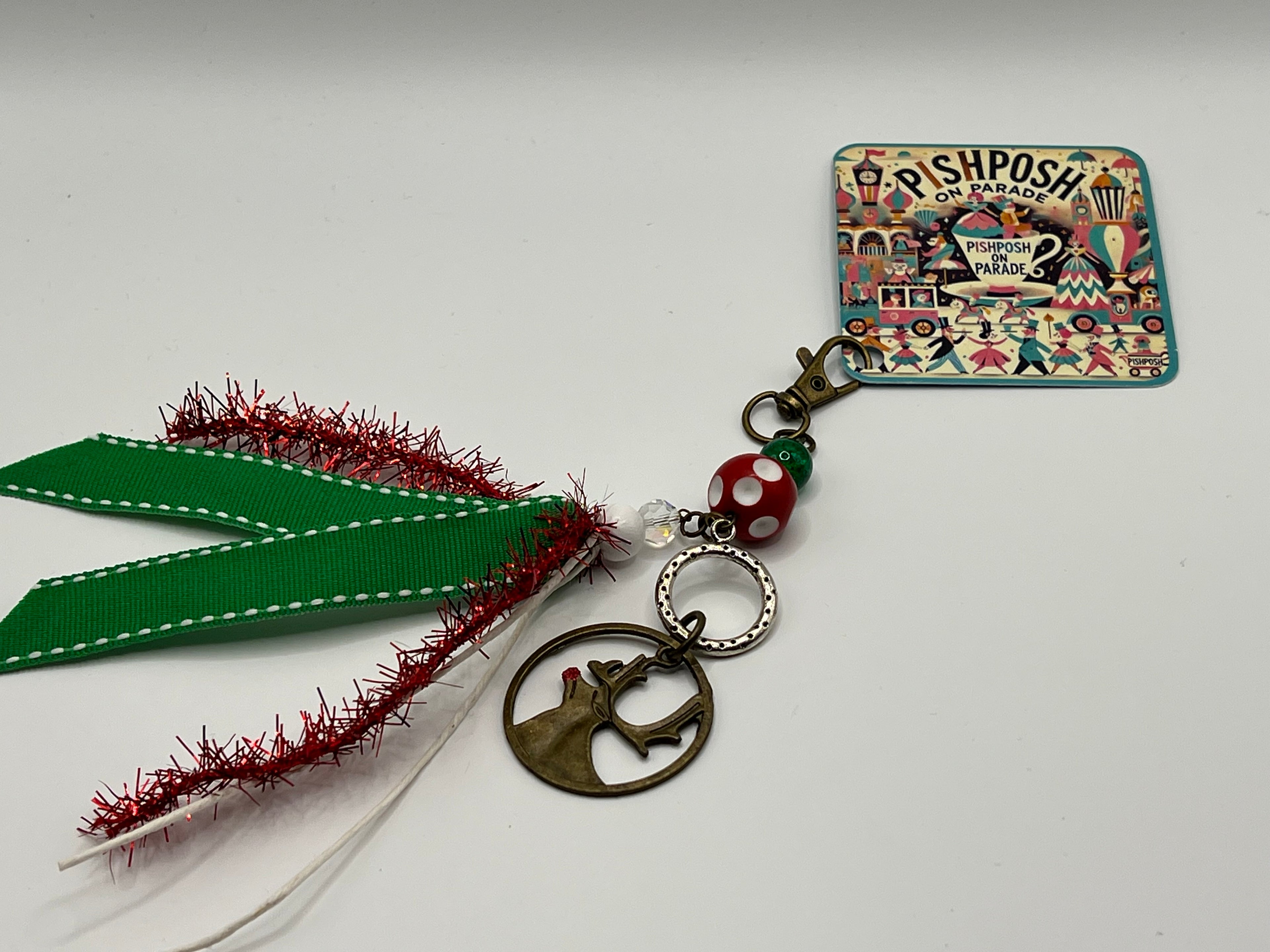 Rudolph Deer with Red and white polka dot bead - Charm / Bag Zipper Pull